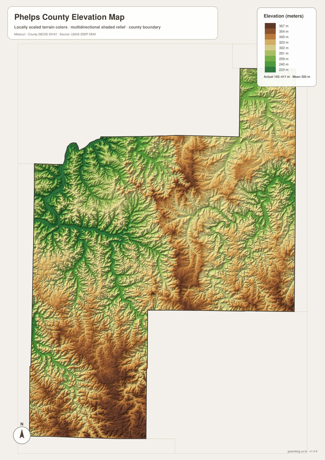 Phelps County elevation map showing 192 to 411 meter relief, low Gasconade and Big Piney river valleys, and higher central and eastern uplands