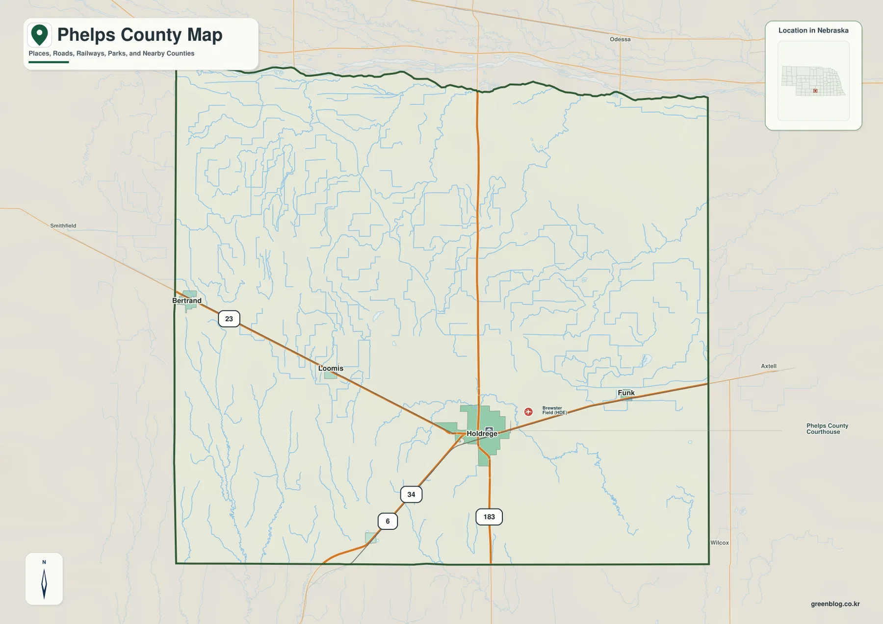 Phelps County map showing Holdrege, Bertrand, Loomis, Funk, Atlanta and major highways