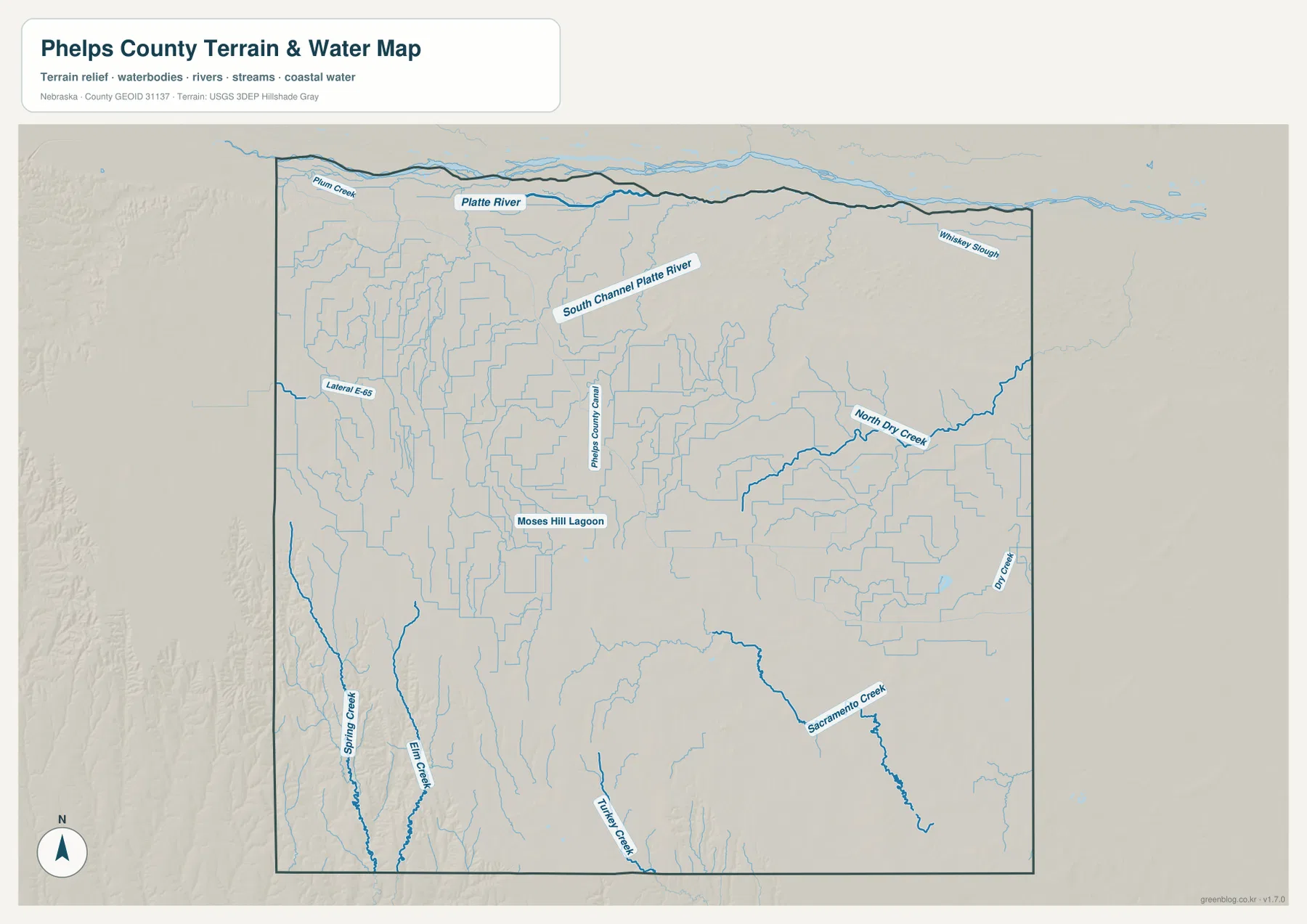 Phelps County terrain and water map showing the Platte River, Phelps County Canal, Dry Creek, Sacramento Creek and other waterways