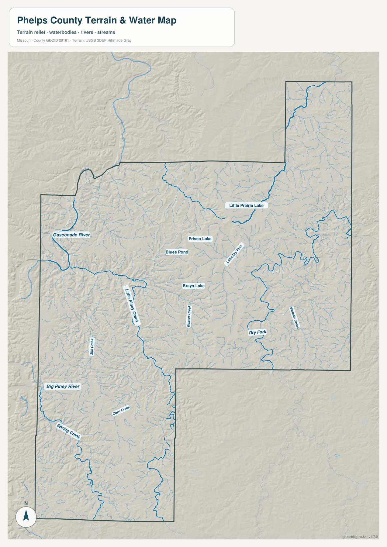 Phelps County terrain and water map showing Gasconade River, Big Piney River, Little Piney Creek, Dry Fork, Meramec Creek, and small lakes