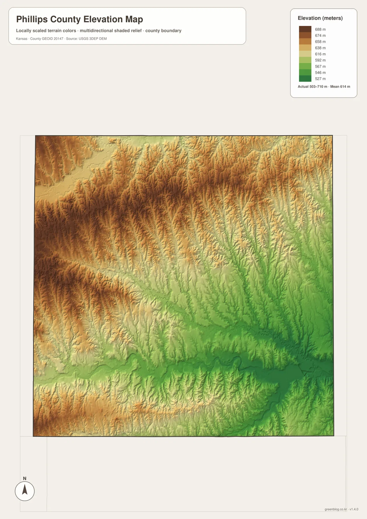 Phillips County Kansas elevation map showing 503 to 710 meter relief, western uplands and lower North Fork Solomon River valley