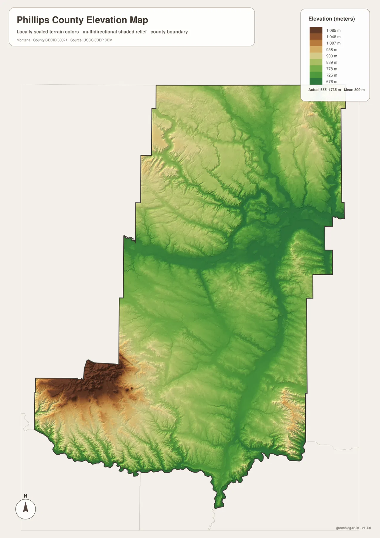 655~1735m 실제 고도 범위와 평균 809m를 표시한 Phillips County Montana 고도 지도