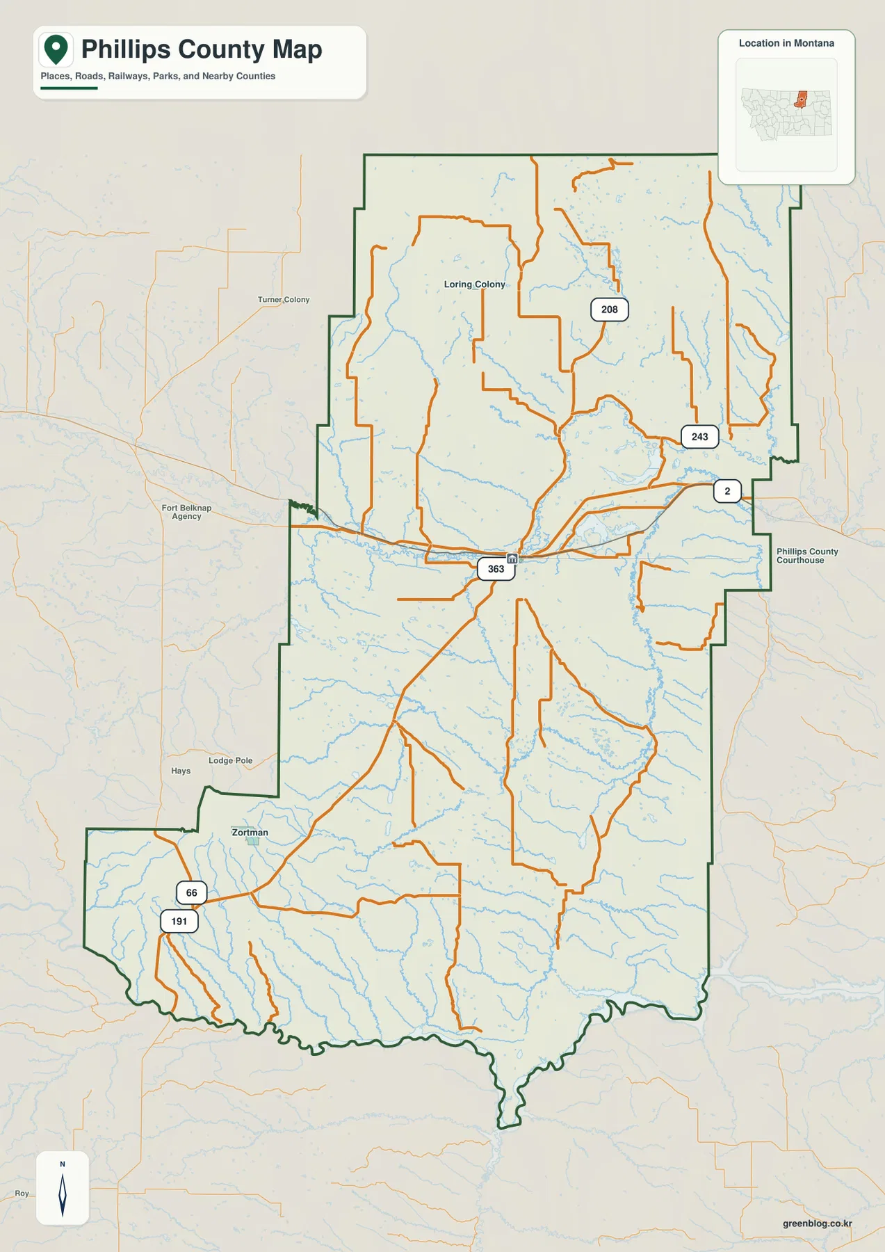 Malta, Dodson, Saco, U.S. 2, Route 208, Route 243과 주요 도로를 표시한 Phillips County Montana 지도