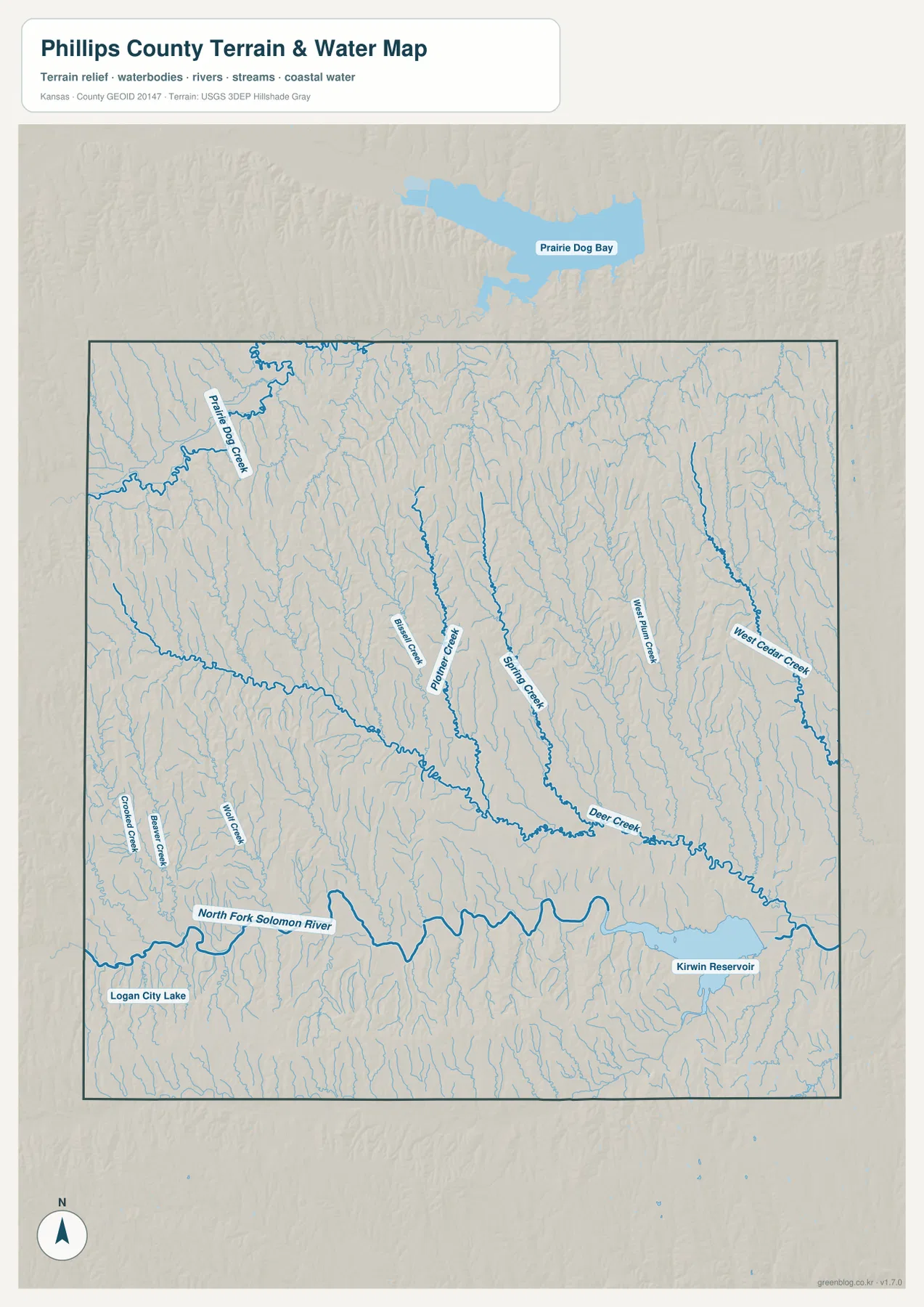 Phillips County Kansas terrain and water map showing North Fork Solomon River, Kirwin Reservoir, Prairie Dog Creek, Battle Creek and Deer Creek