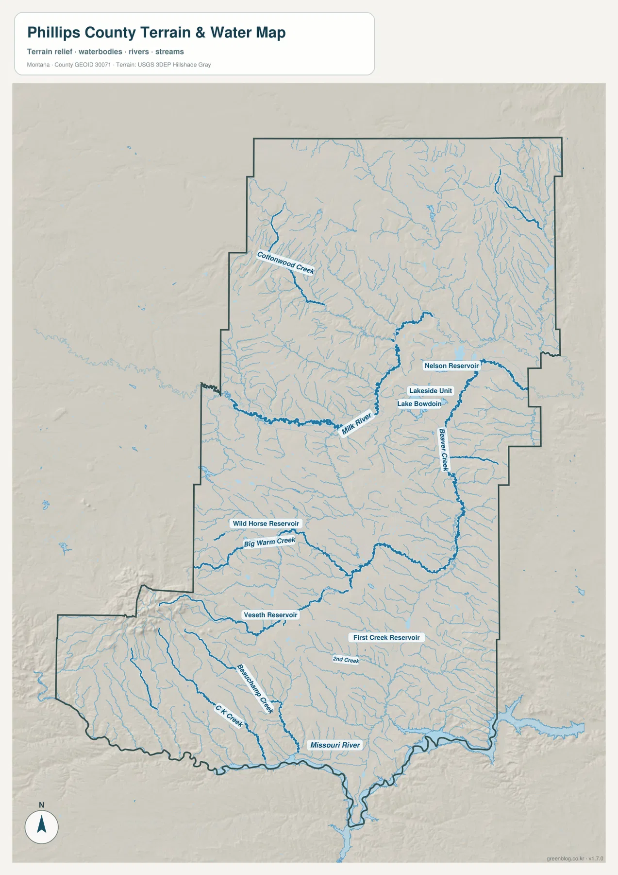 Milk River, Nelson Reservoir, Lake Bowdoin, Beaver Creek, Big Warm Creek와 Missouri River를 표시한 Phillips County 수역 지형 지도