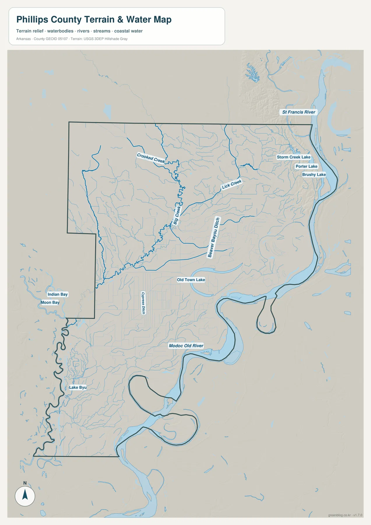 Mississippi River, St. Francis River, Big Creek, Lick Creek와 여러 호수를 표시한 필립스 카운티 수역 지형 지도