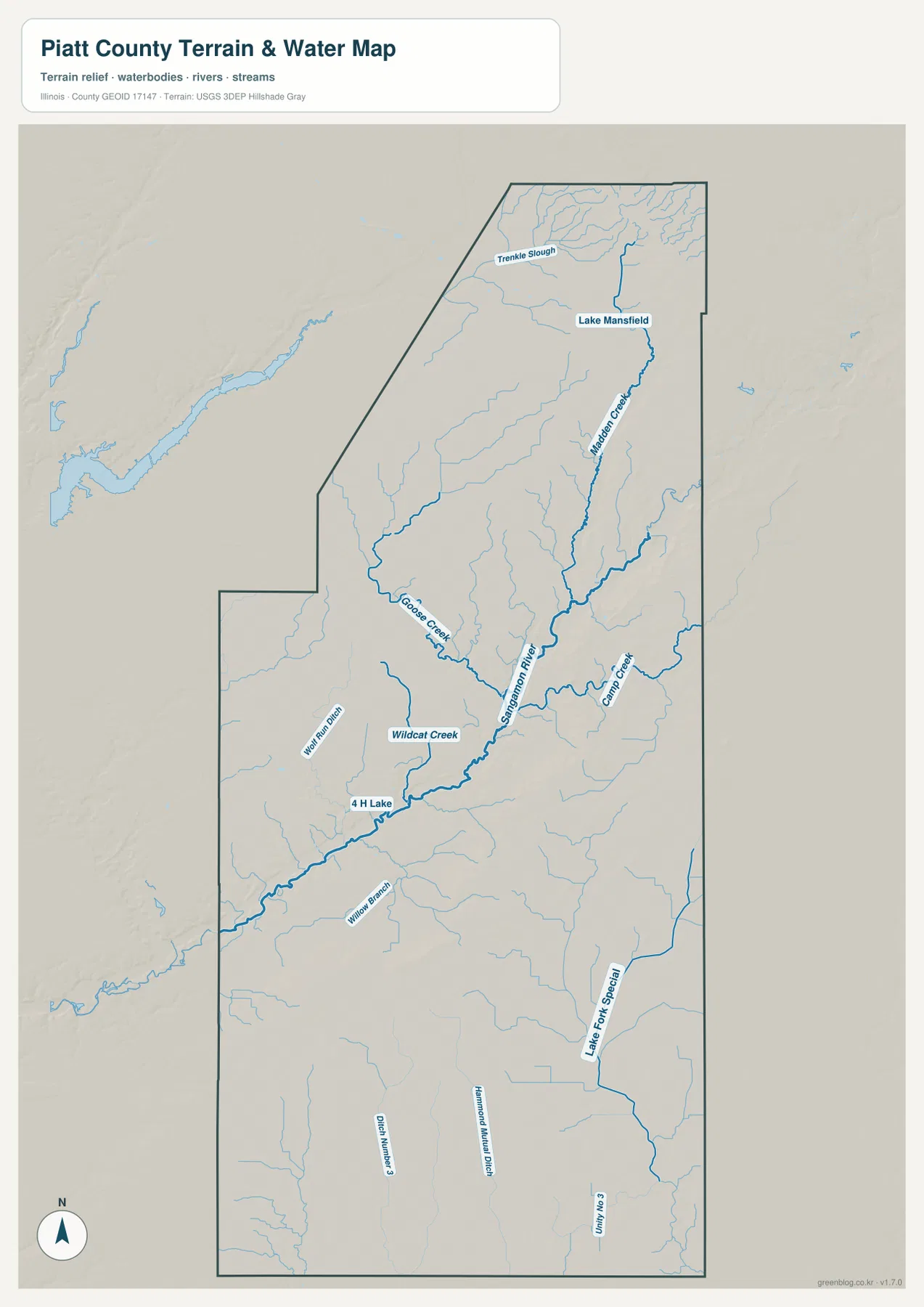 Sangamon River, Goose Creek, Wildcat Creek, Camp Creek, Madden Creek, Lake Mansfield와 배수로를 보여 주는 Piatt County 수역 지도
