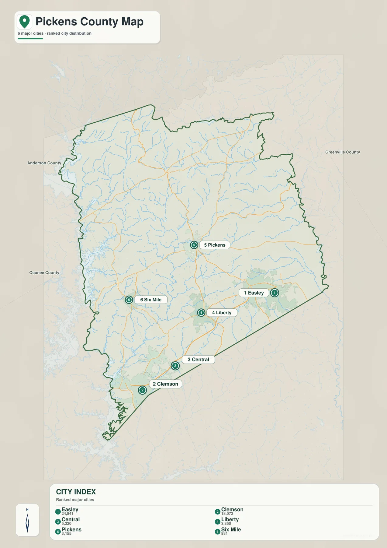 Pickens County city distribution map with Easley, Clemson, Central, Liberty, Pickens and Six Mile