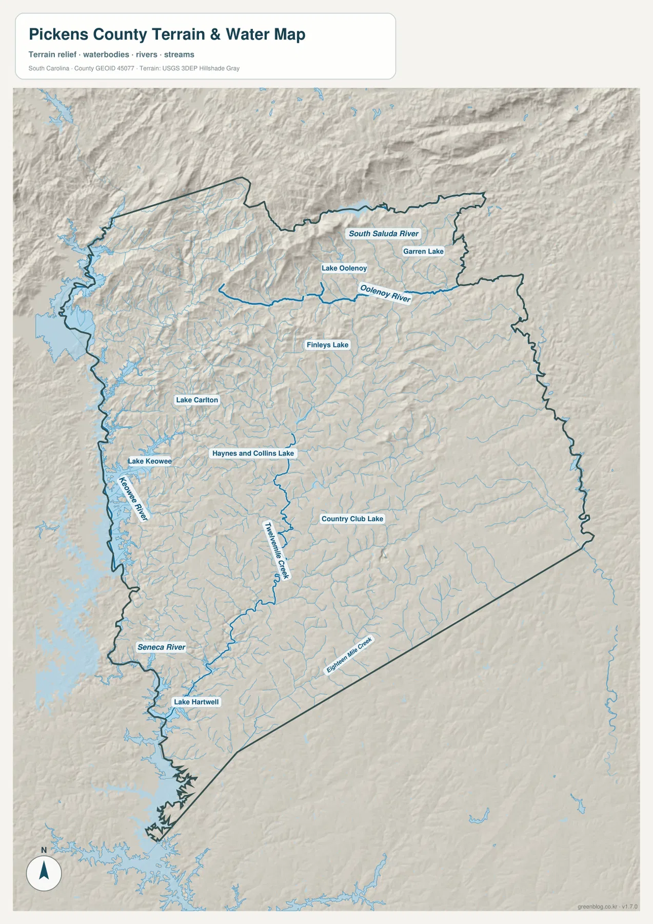 Pickens County terrain and water map with Lake Keowee, South Saluda River, Oolenoy River, Twelve Mile Creek and Seneca River