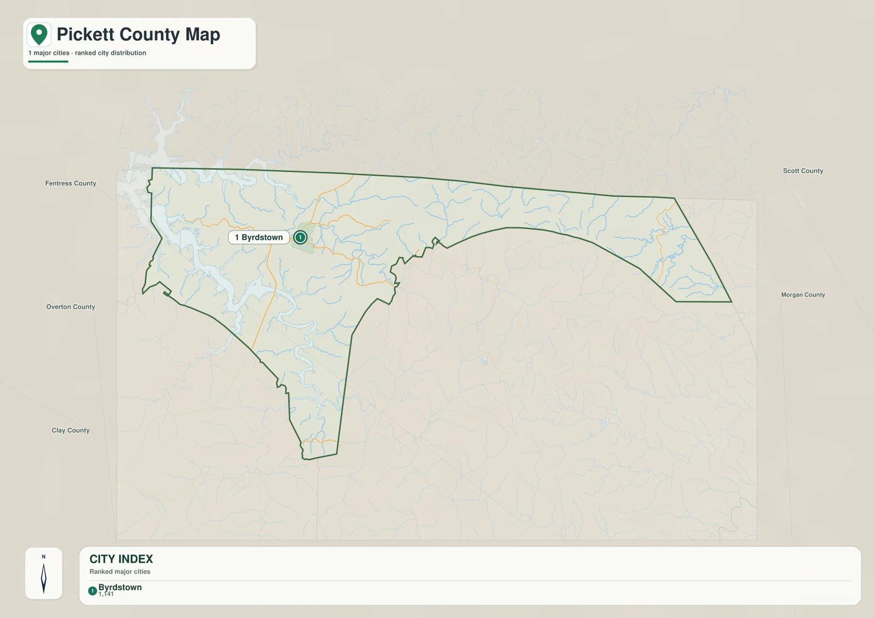 Pickett County city map with Byrdstown and regional county references
