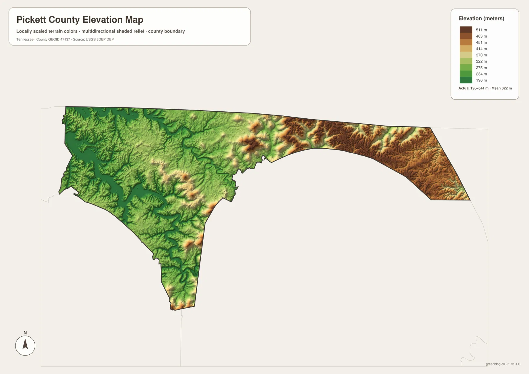 Pickett County elevation map showing 196 to 544 meter relief and high eastern ridges