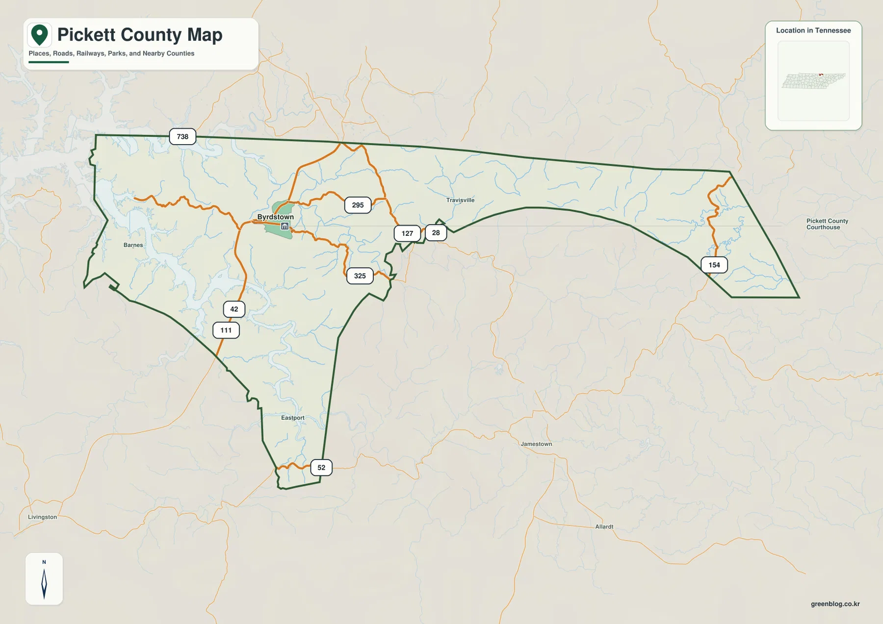 Pickett County Map showing Byrdstown, US 127, SR 154, roads, and county boundary