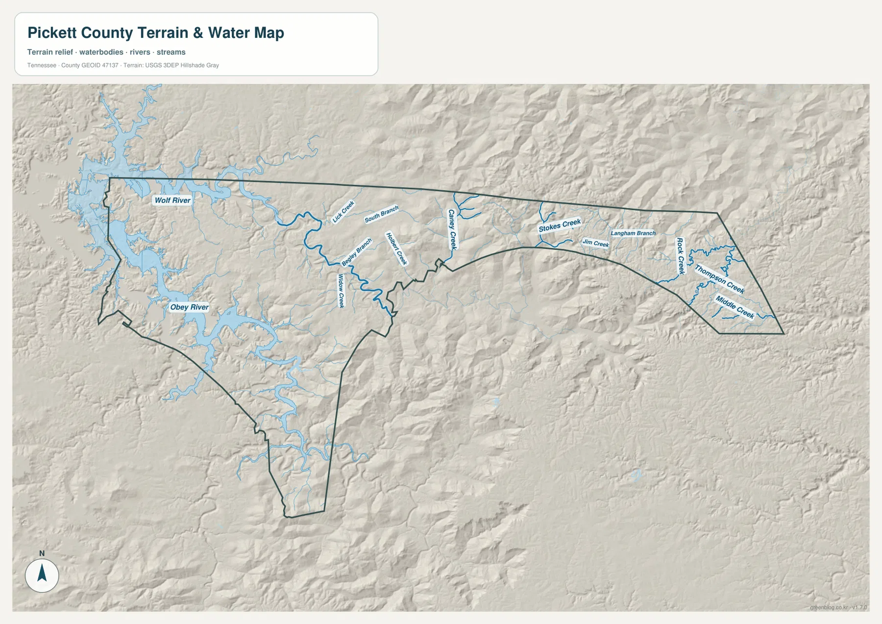 Pickett County water map with Wolf River, Obey River, Stokes Creek, and Rock Creek