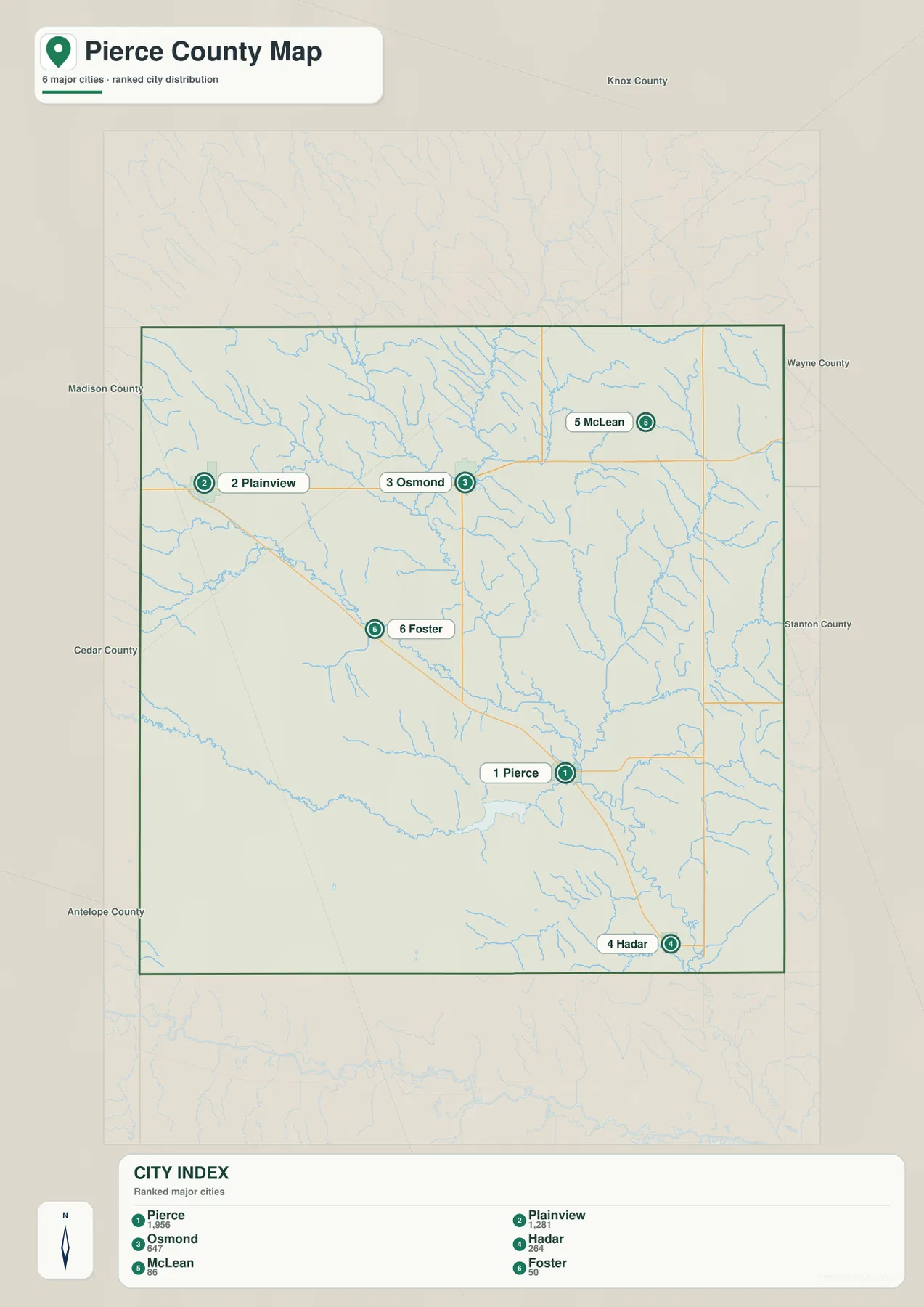 Pierce County Nebraska city map with Pierce, Plainview, Osmond, Hadar, McLean and Foster