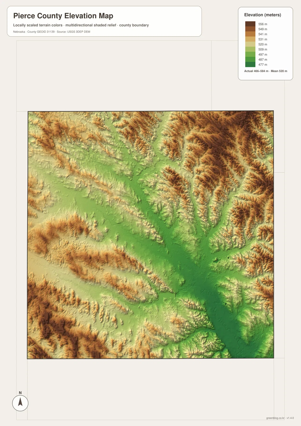 Pierce County Nebraska elevation map showing river valleys and rolling uplands