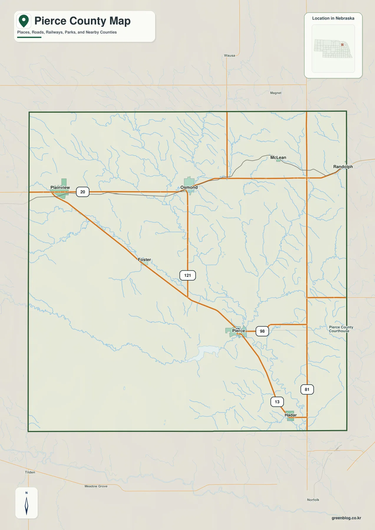 Pierce County Nebraska map showing county boundary, highways and communities