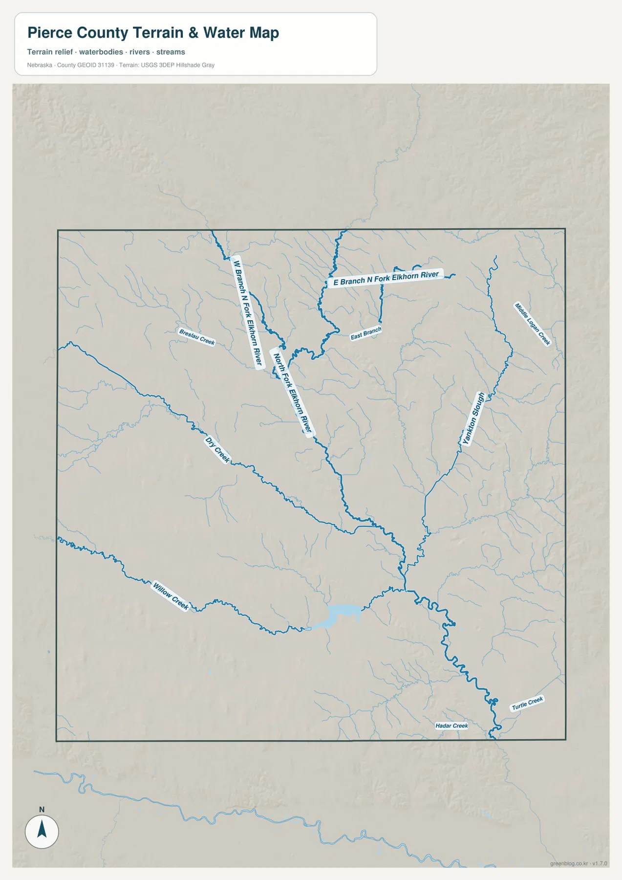 Pierce County Nebraska water map with North Fork Elkhorn River and named creeks