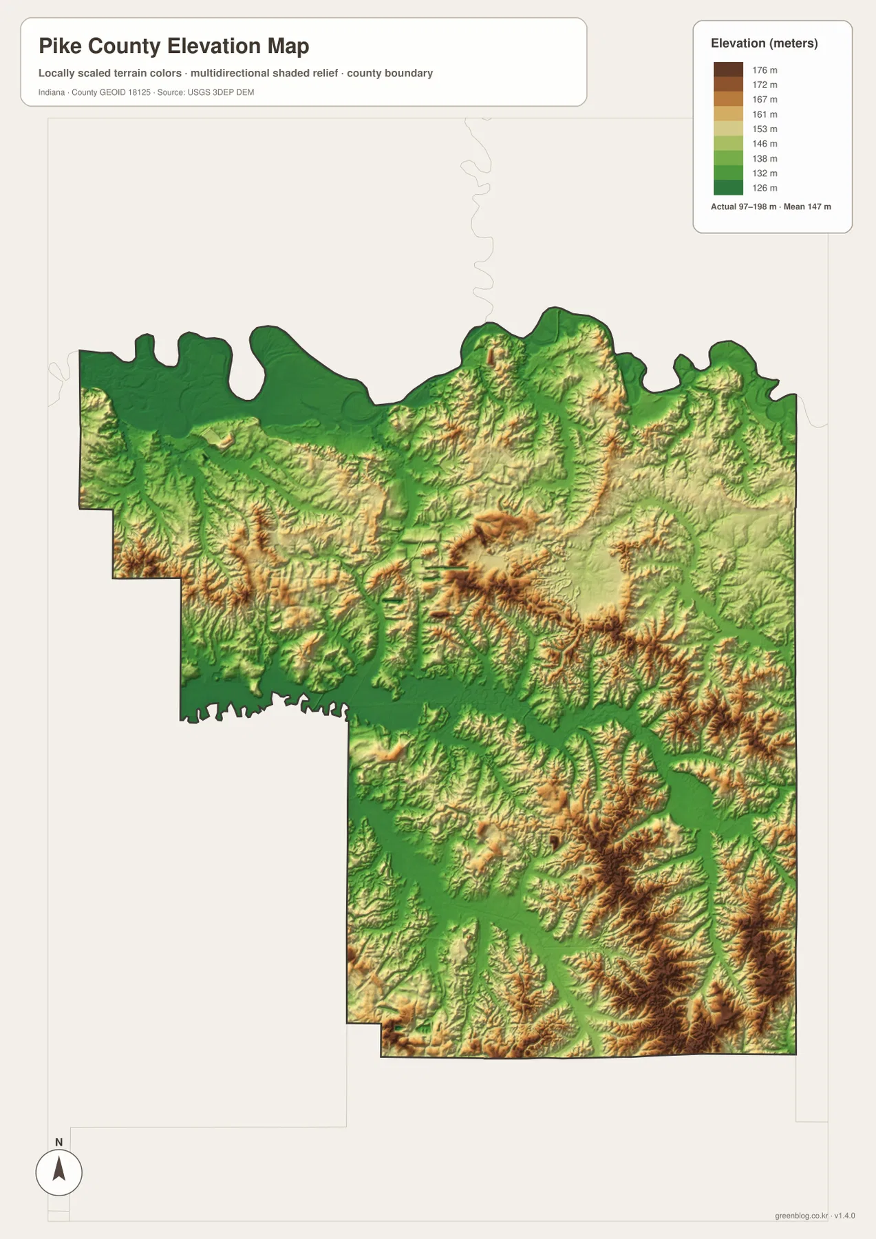 Pike County 고도 지도에서 Patoka River와 South Fork 계곡은 낮은 녹색, 중앙과 남동부는 높은 노랑·갈색 능선으로 나타난 모습