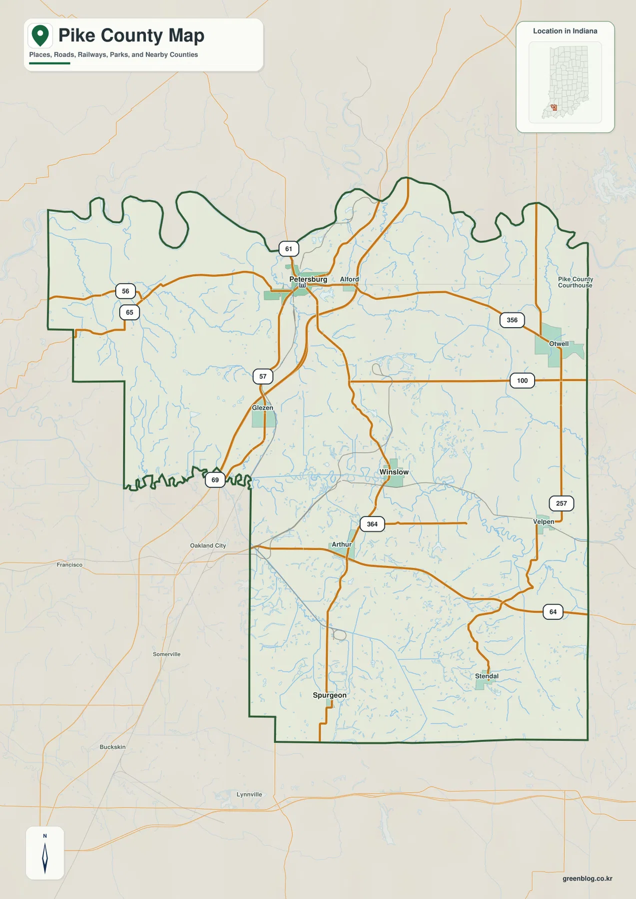 인디애나주 Pike County 일반 지도에 Petersburg, Alford, Glezen, Winslow, Otwell, Velpen, Arthur, Spurgeon과 주요 도로가 표시된 모습