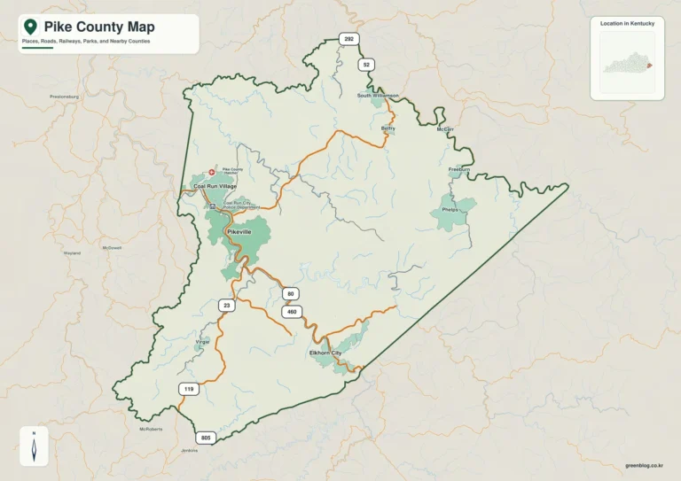Pikeville·Fishtrap Lake와 애팔래치아 산지 – 켄터키주 파이크 카운티 지도(Pike County)