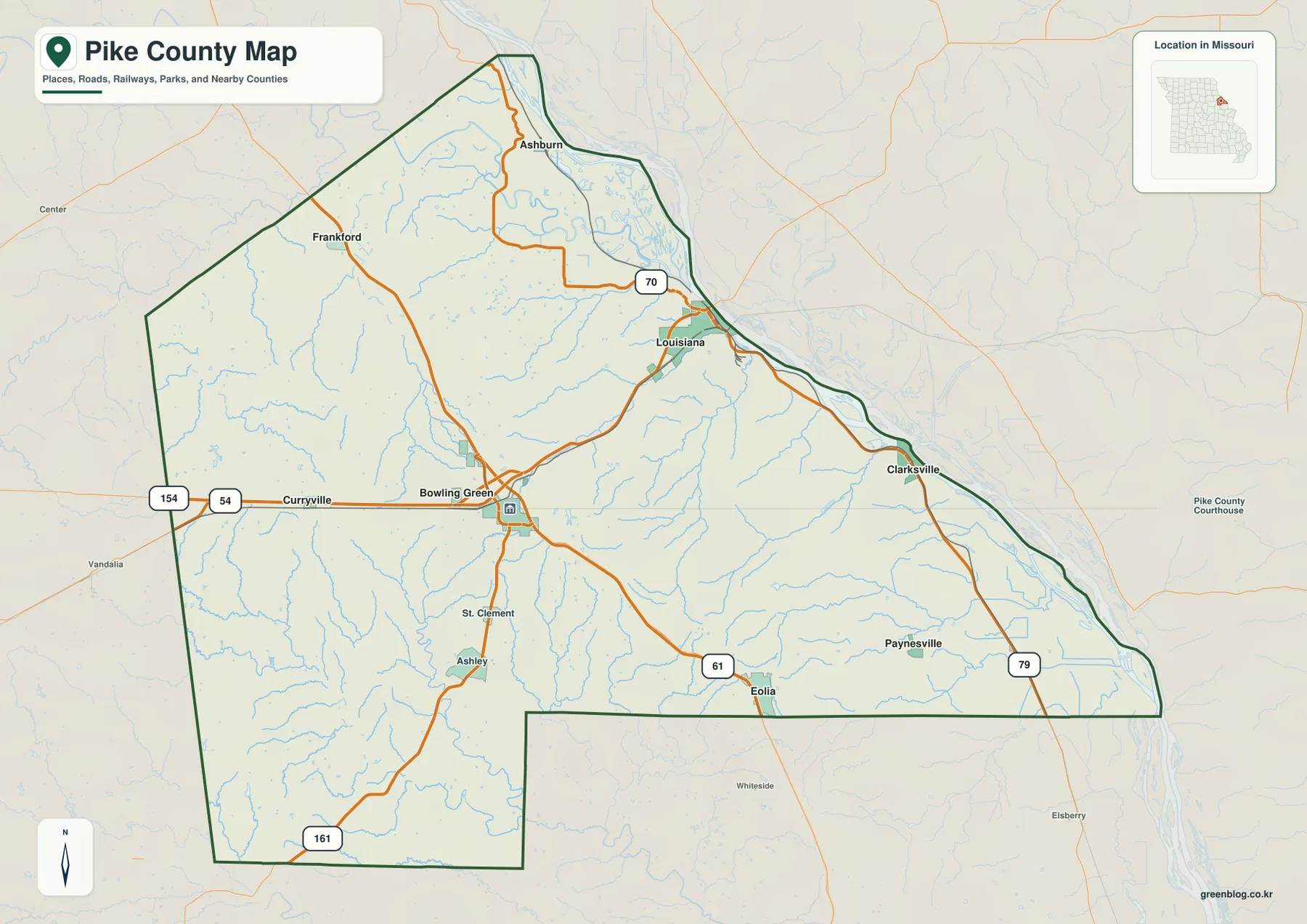 Bowling Green, Louisiana, Frankford, Eolia, Clarksville, Curryville와 U.S. 54, U.S. 61, Route 79를 표시한 Pike County 지도
