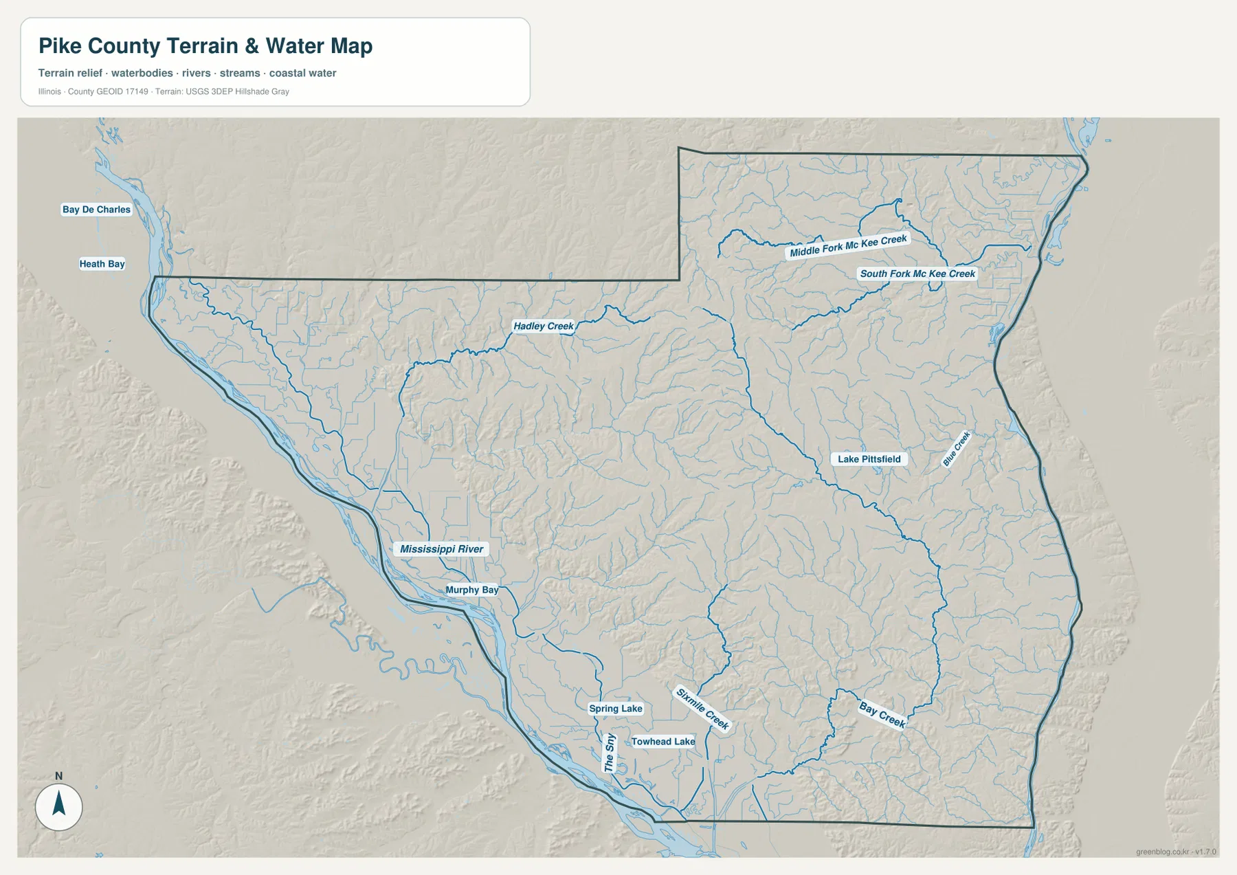 Mississippi River, Hadley Creek, Mc Kee Creek 지류, Lake Pittsfield, Blue Creek, Bay Creek, Sixmile Creek과 남서부 호수를 보여 주는 Pike County 수역 지도