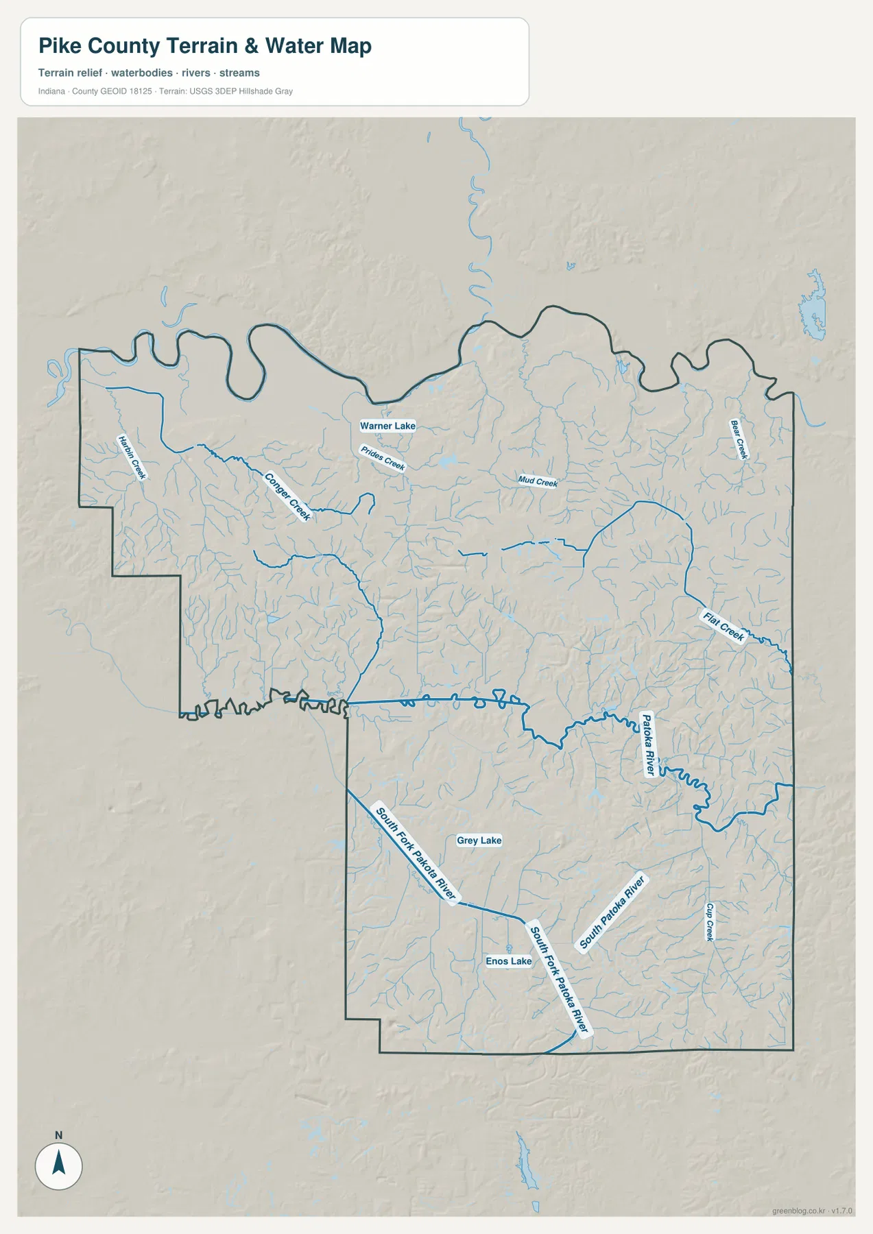 Pike County 수역·지형 지도에 Patoka River, South Fork Patoka River, Flat Creek, Mud Creek, Bear Creek, Prides Creek, Warner Lake, Grey Lake, Enos Lake가 표시된 모습