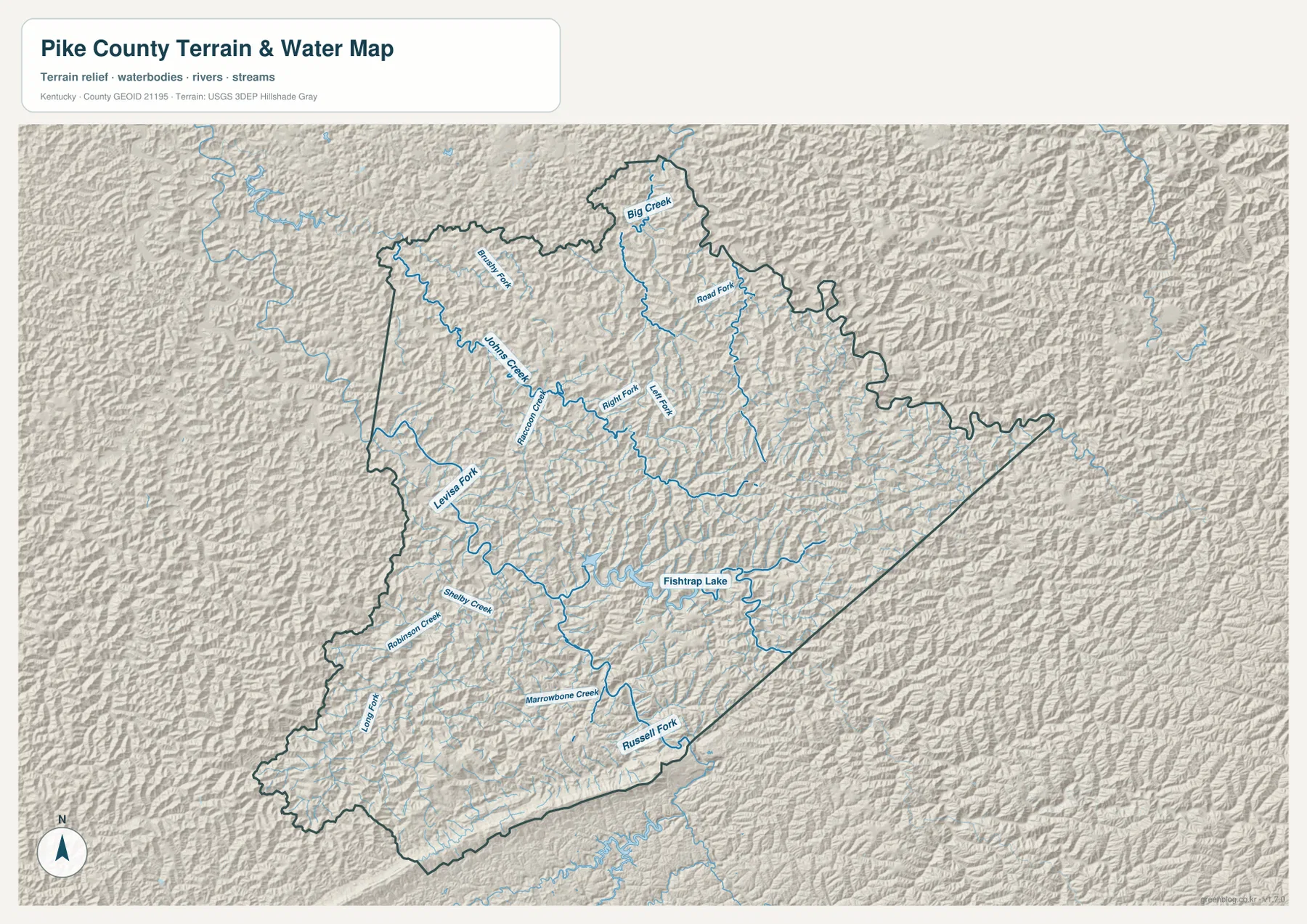 Pike County의 Levisa Fork, Johns Creek, Raccoon Creek, Shelby Creek, Robinson Creek, Long Fork, Marrowbone Creek, Russell Fork와 Fishtrap Lake를 표시한 수역·지형 지도