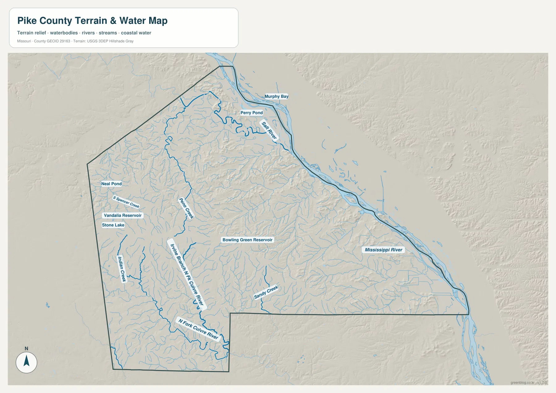 Mississippi River, Salt River, North Fork Cuivre River, Reno Creek, Indian Creek, Sandy Creek와 저수지를 표시한 Pike County 지형 수역 지도