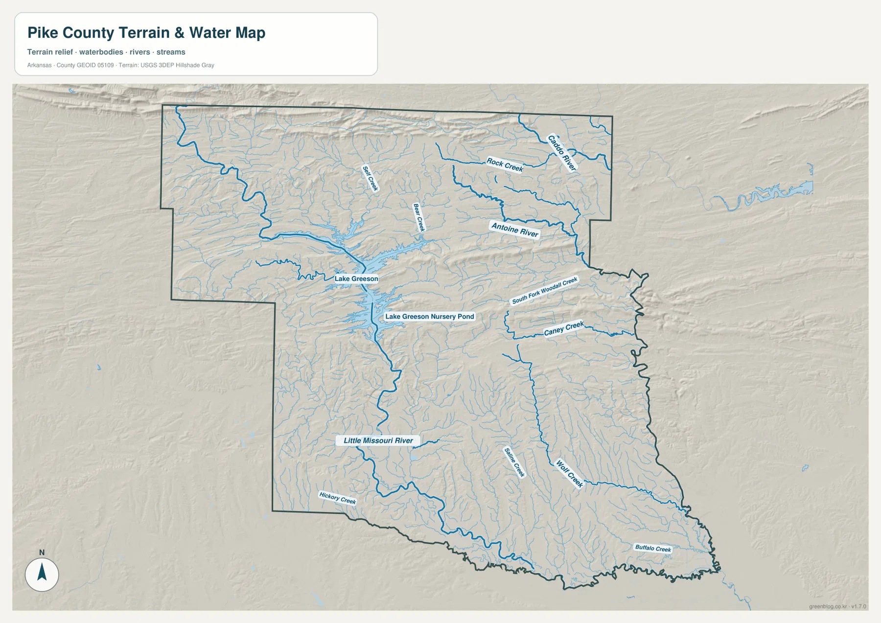 Little Missouri River, Lake Greeson, Caddo River, Antoine River와 여러 creek를 표시한 파이크 카운티 수역 지형 지도
