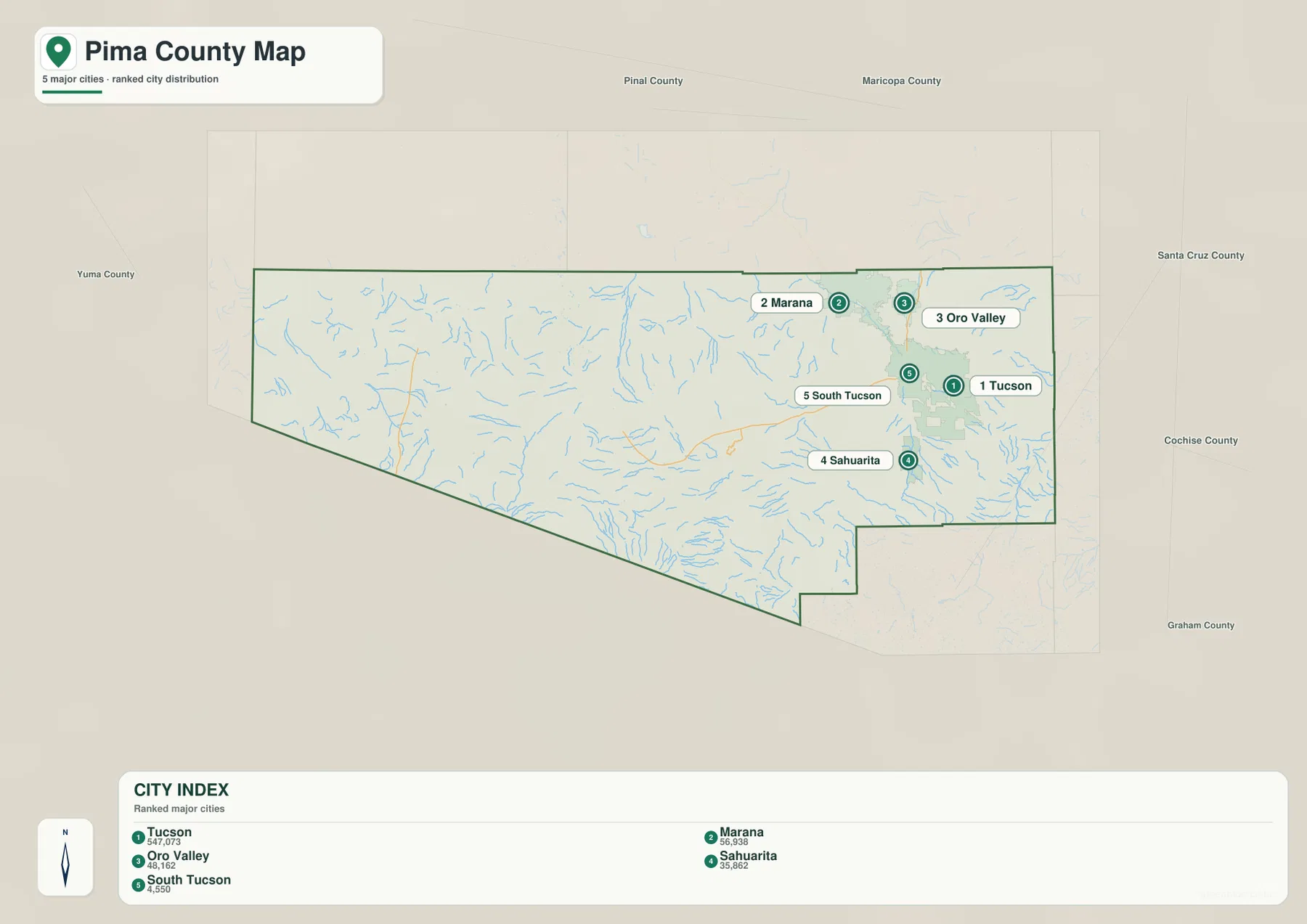 Pima County city map highlighting Tucson, Marana, Oro Valley, Sahuarita, and South Tucson