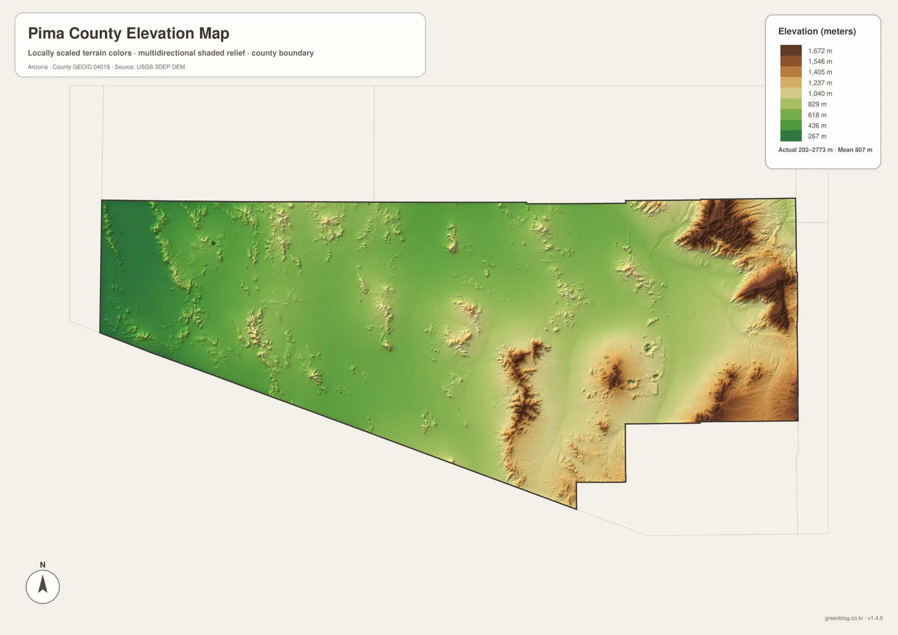 Pima County elevation map showing the 202 to 2773 meter range, western lowlands, Tucson basin, and eastern mountains