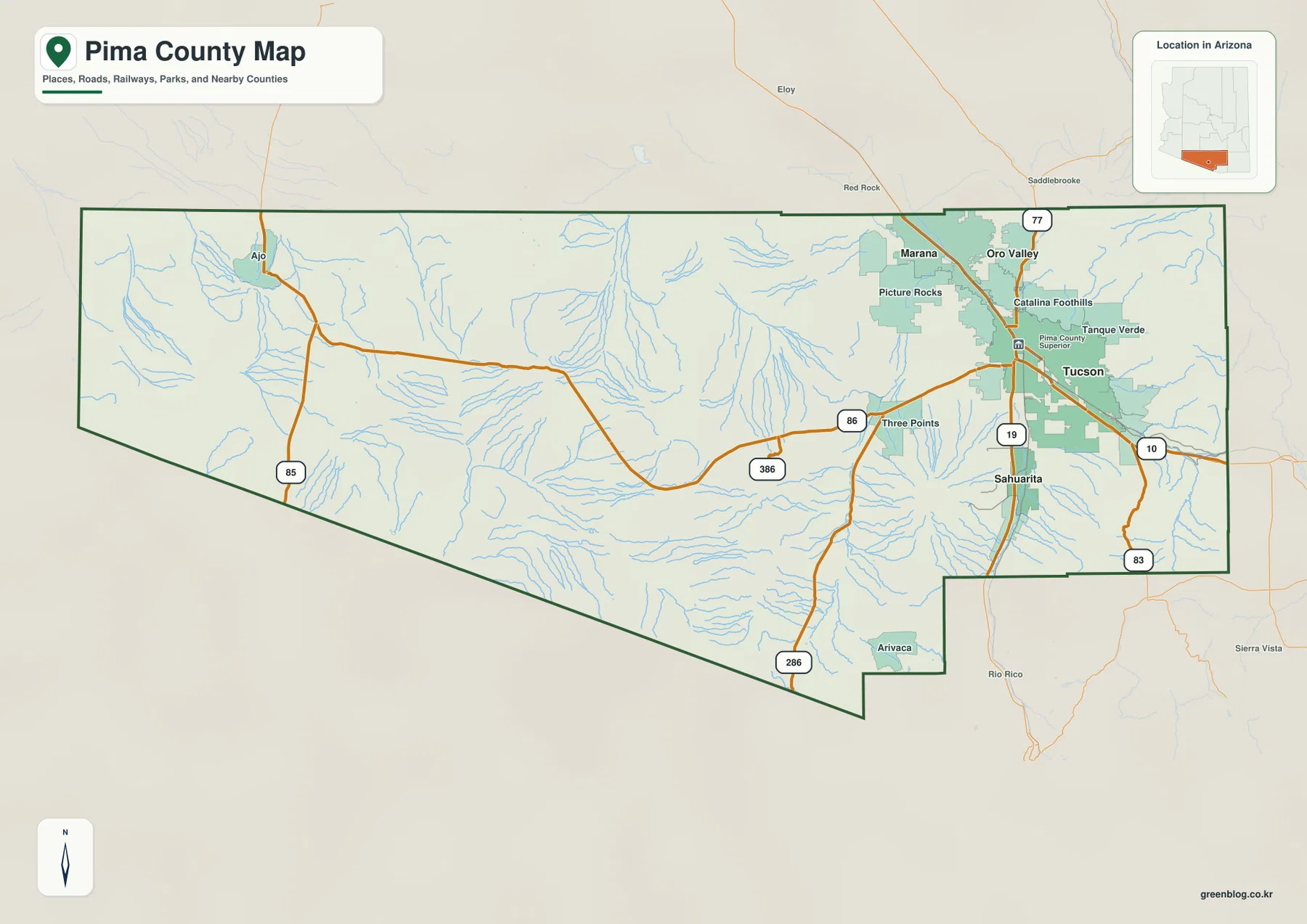 Pima County map showing Tucson, Marana, Oro Valley, I-10, I-19, Route 86, Ajo, and county boundaries