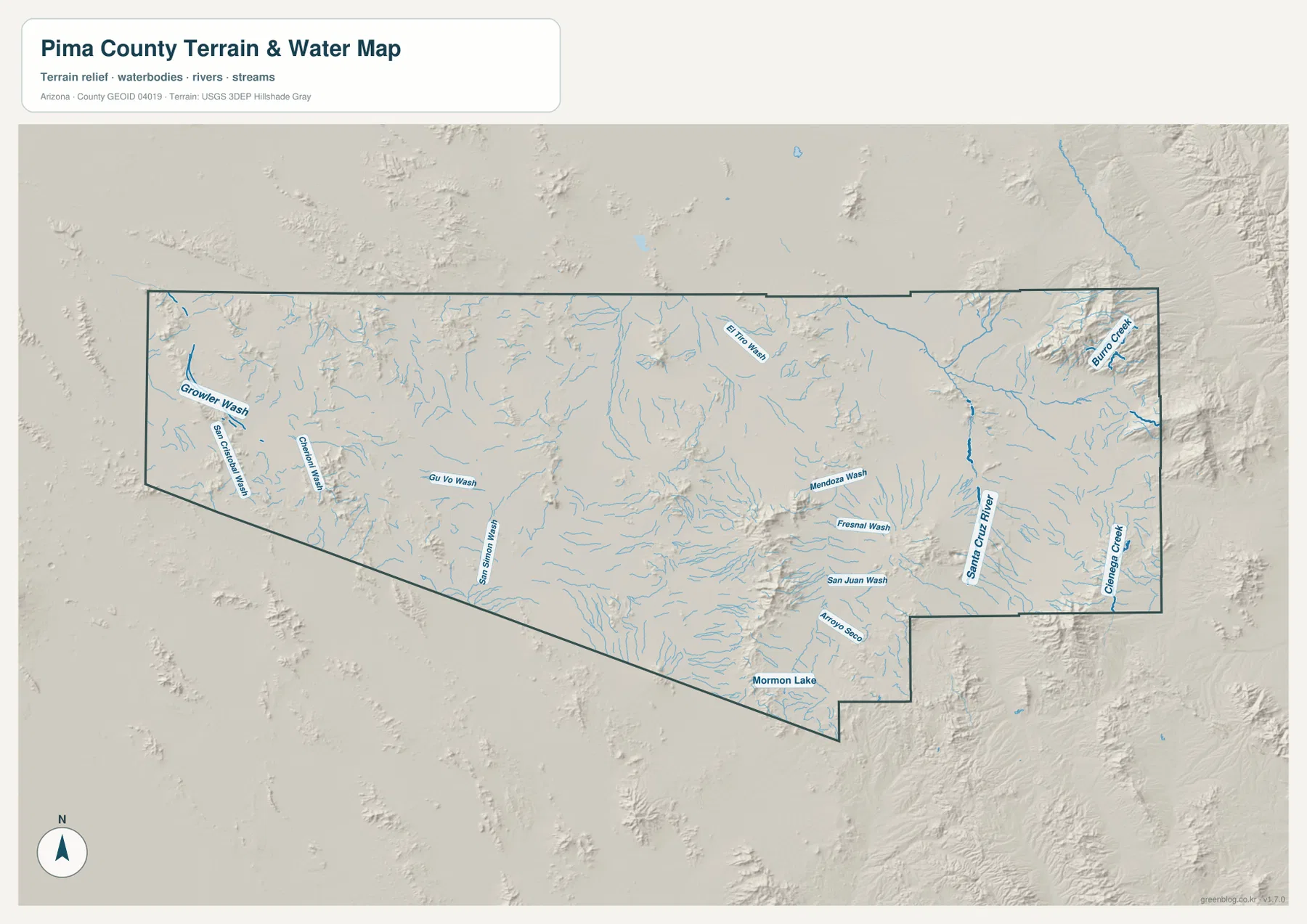 Pima County water map showing Santa Cruz River, Cienega Creek, San Simon Wash, and desert drainage