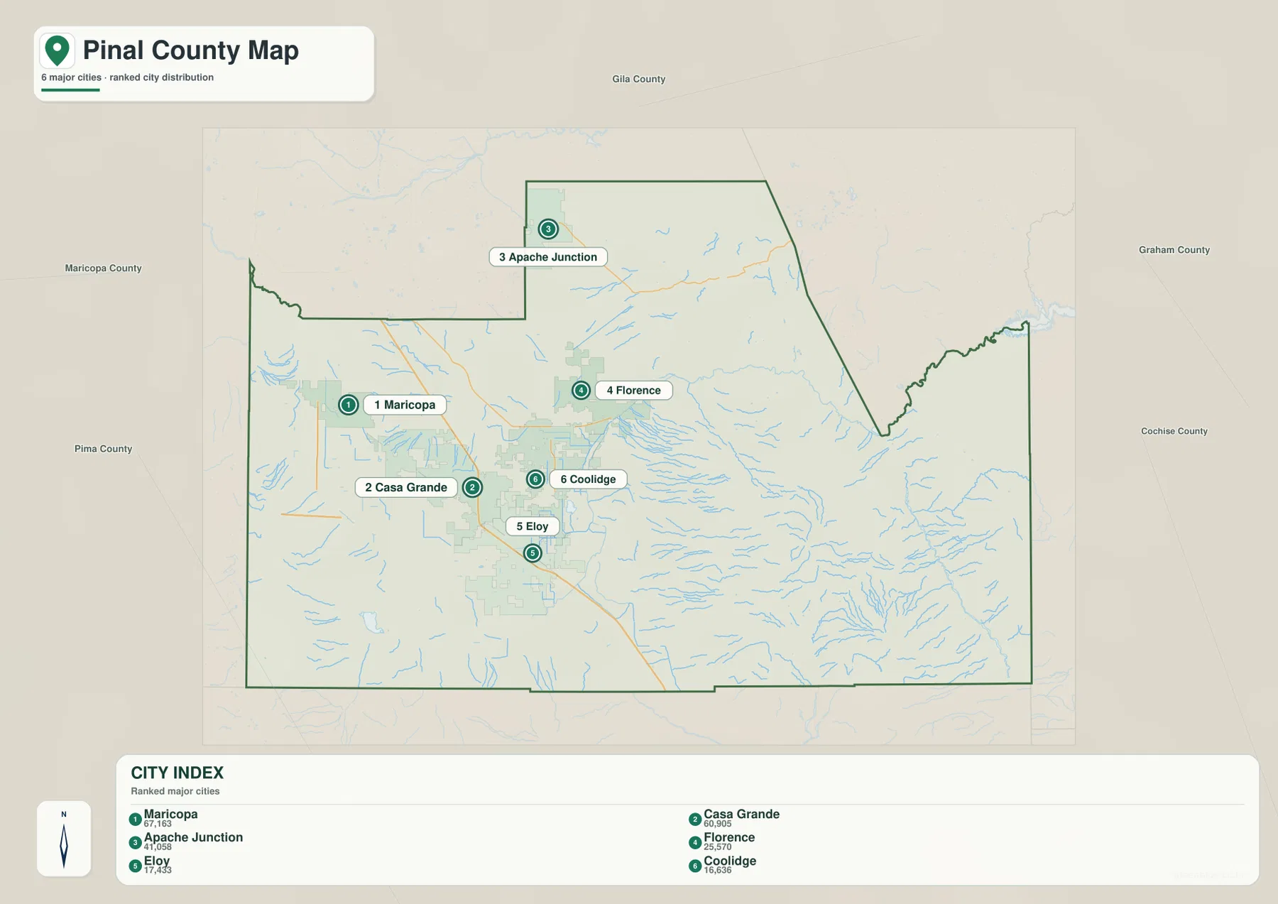 Pinal County city map highlighting Maricopa, Casa Grande, Apache Junction, Florence, Eloy, and Coolidge