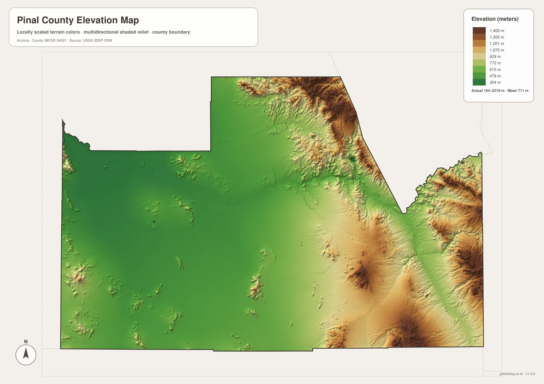 Pinal County elevation map showing the 164 to 2219 meter range, western plains, and eastern mountains