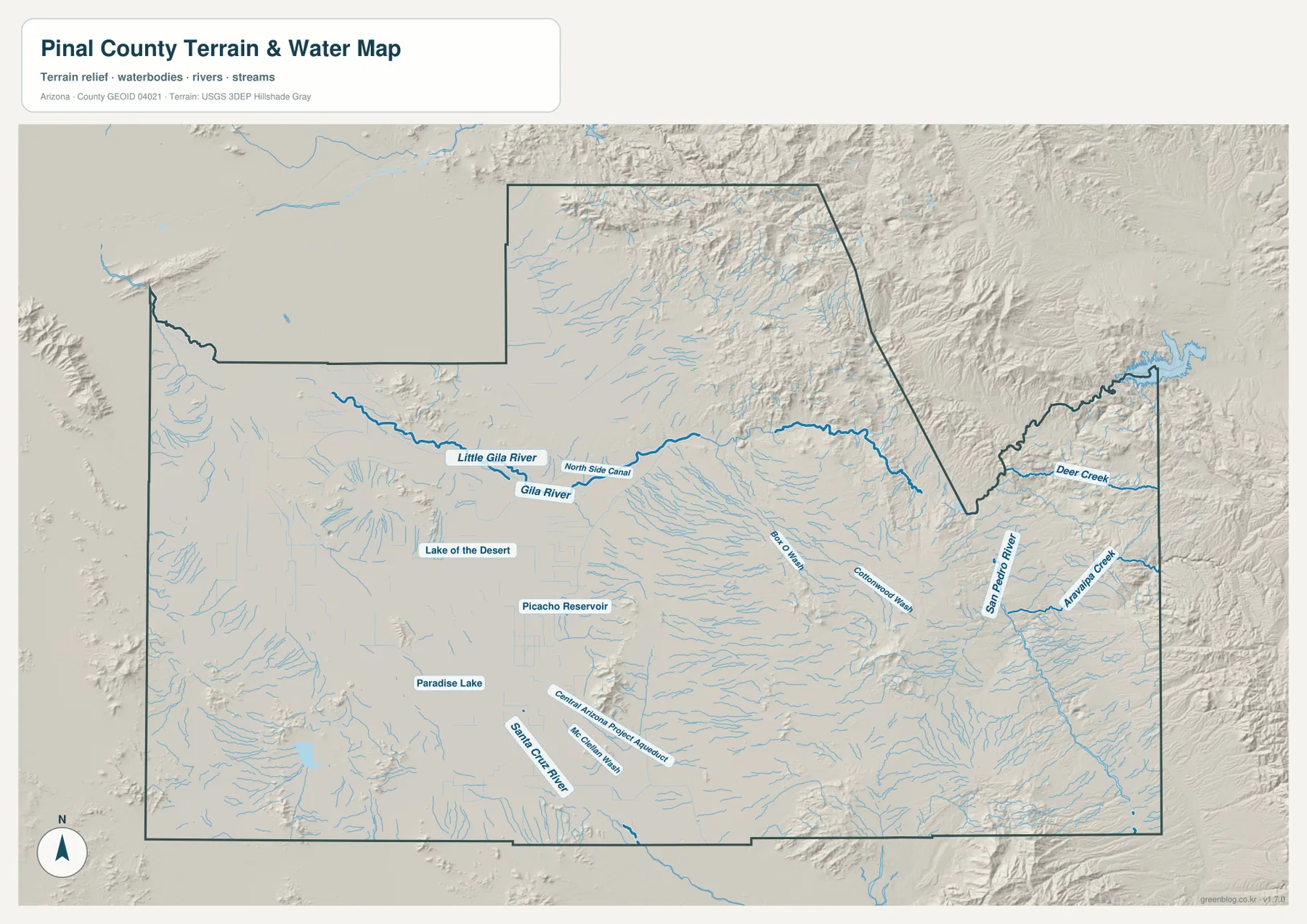 Pinal County water map showing the Gila River, Santa Cruz River, San Pedro River, washes, reservoirs, and aqueduct