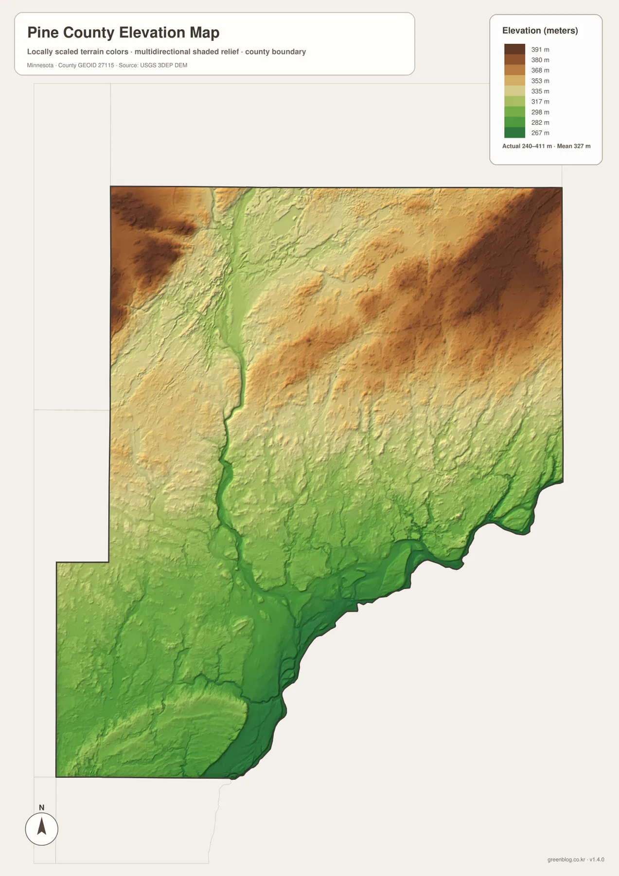 Pine County의 높은 북부·북동부와 낮은 St. Croix River 계곡을 보여 주는 고도 지도