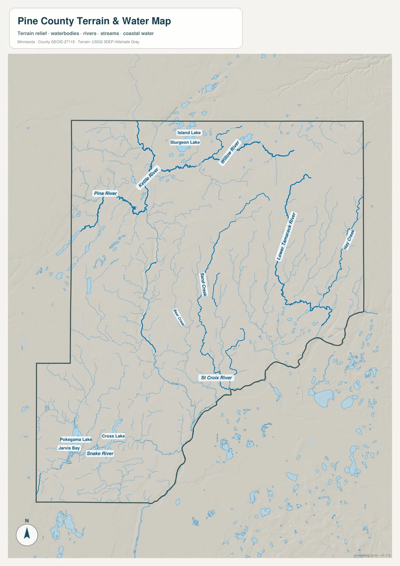 Pine County의 Kettle River, Willow River, Snake River, St. Croix River와 주요 호수를 표시한 수역 지도