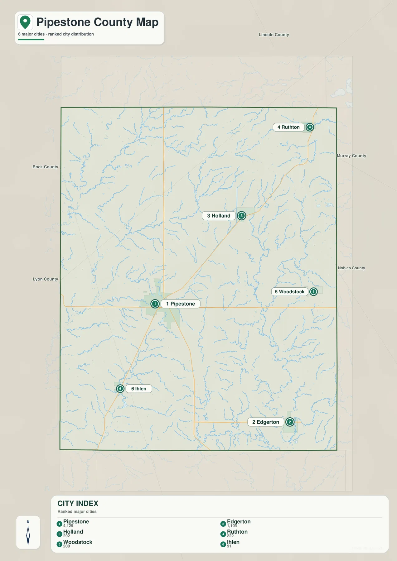 Pipestone County 주요 도시 6곳의 위치와 순위를 보여 주는 도시 지도