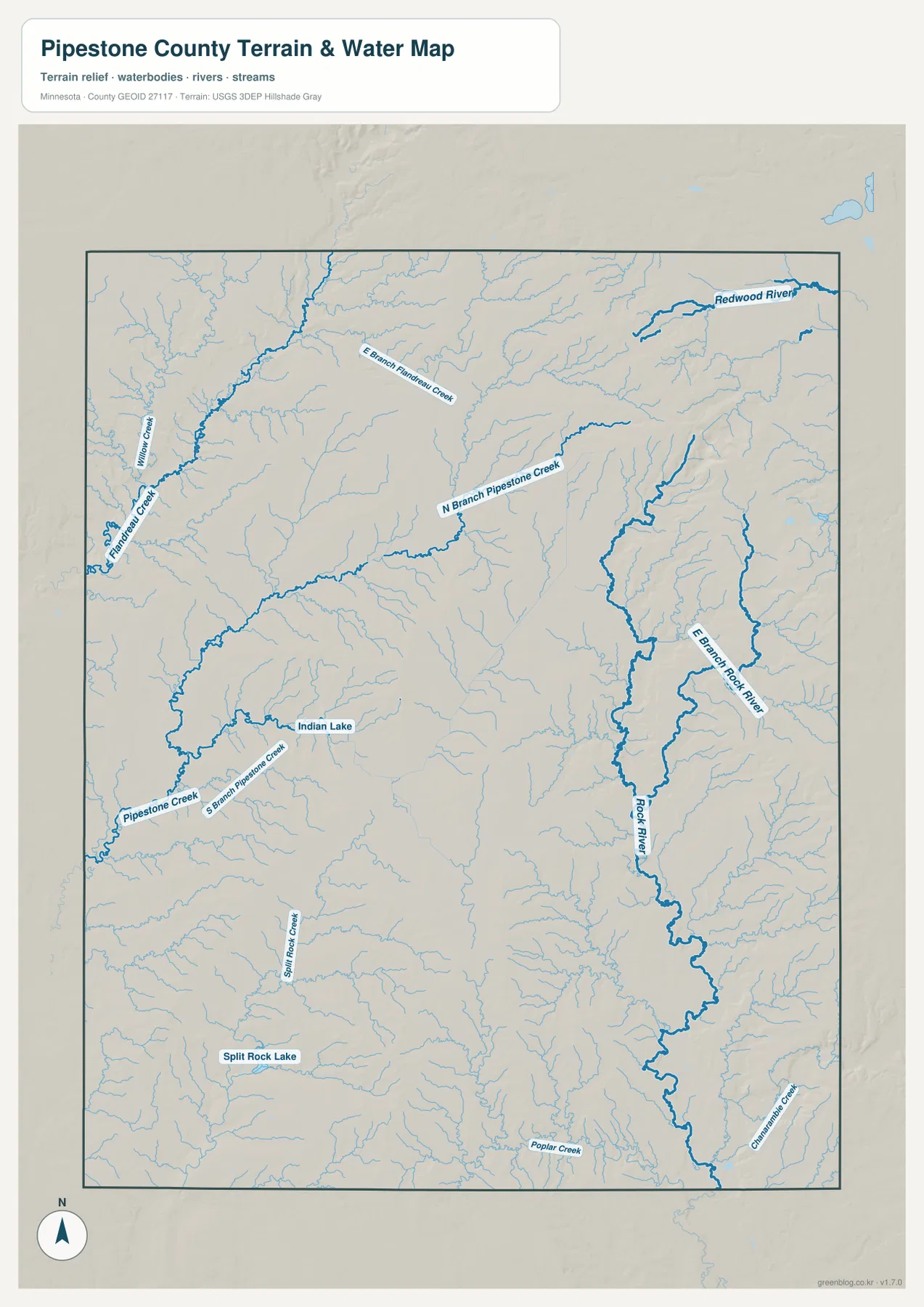 Pipestone County의 Pipestone Creek, Rock River, Flandreau Creek, Redwood River를 표시한 수역 지도