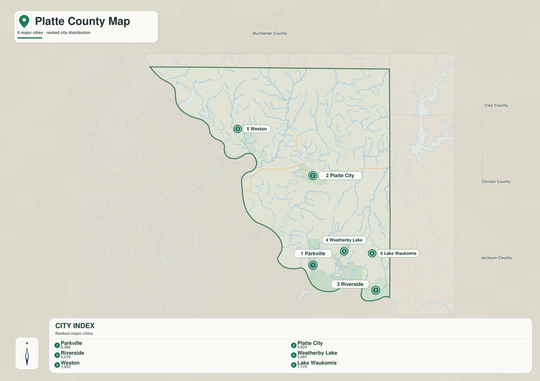 Parkville, Platte City, Riverside, Weatherby Lake, Weston, Lake Waukomis의 위치를 표시한 Platte County 도시 지도