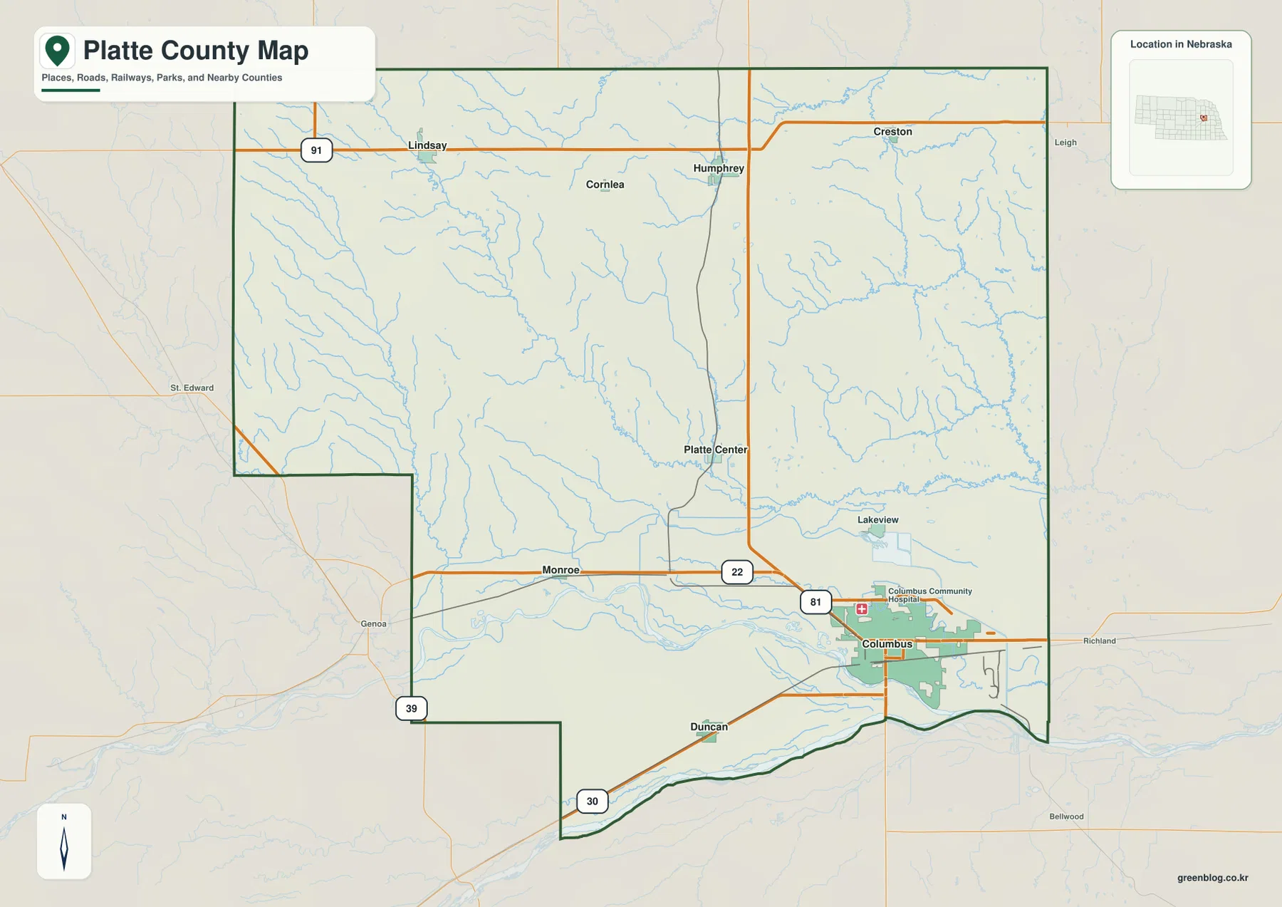 Columbus, Humphrey, Platte Center, Monroe, Duncan, Lindsay와 주요 도로를 표시한 Platte County 지도