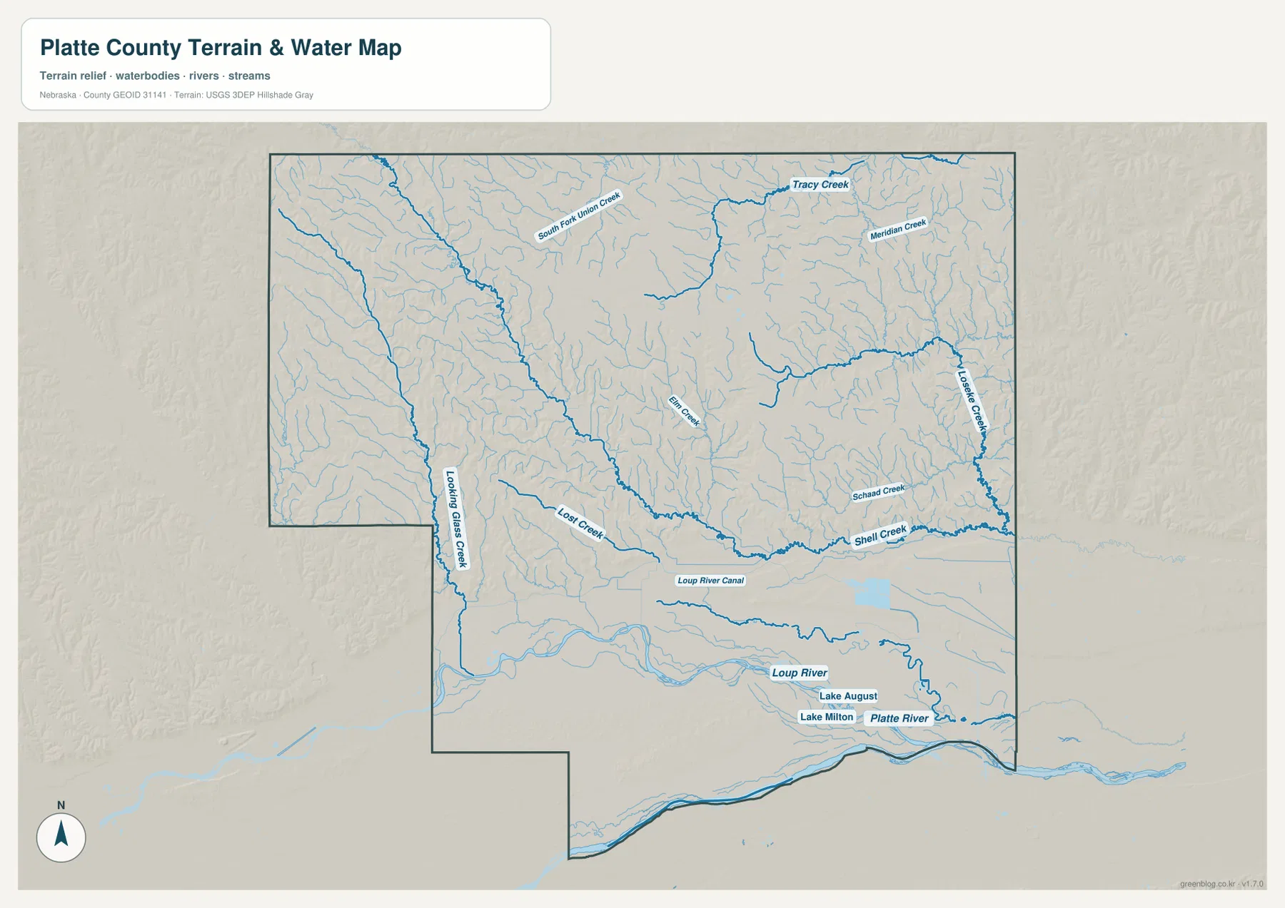 Loup River, Platte River, Shell Creek, Loseke Creek와 여러 하천을 표시한 Platte County 수역 지도