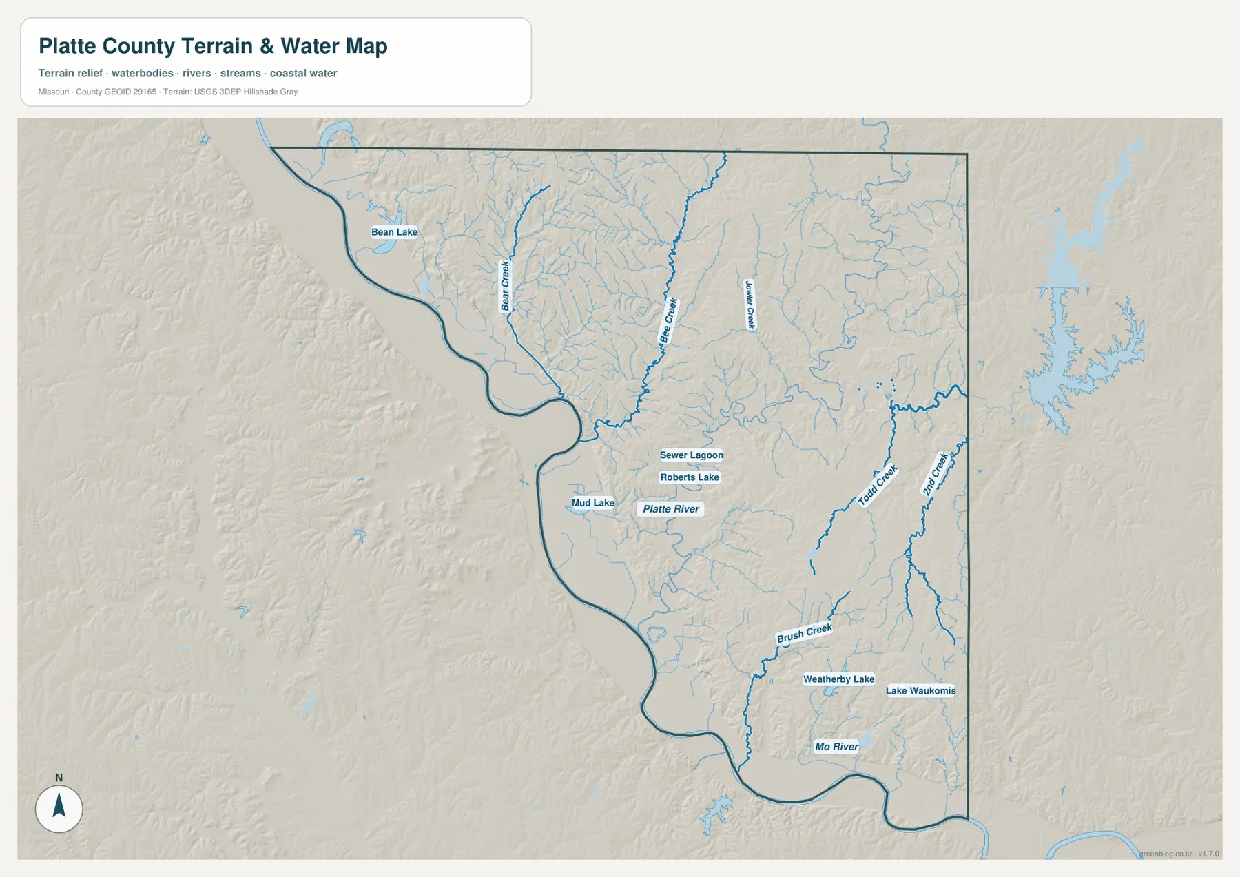 Missouri River, Platte River, Bear Creek, Bee Creek, Todd Creek, Brush Creek와 Weatherby Lake를 표시한 Platte County 지형 수역 지도