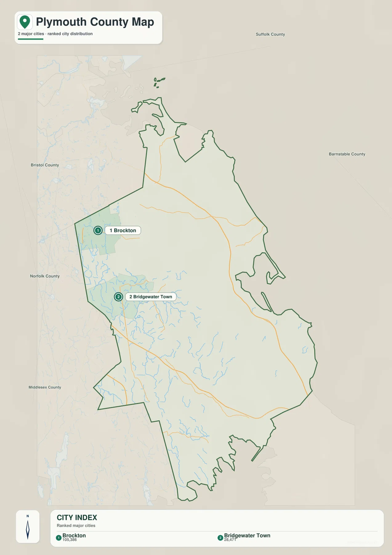 Plymouth County ranked city distribution map showing Brockton as 1 and Bridgewater Town as 2