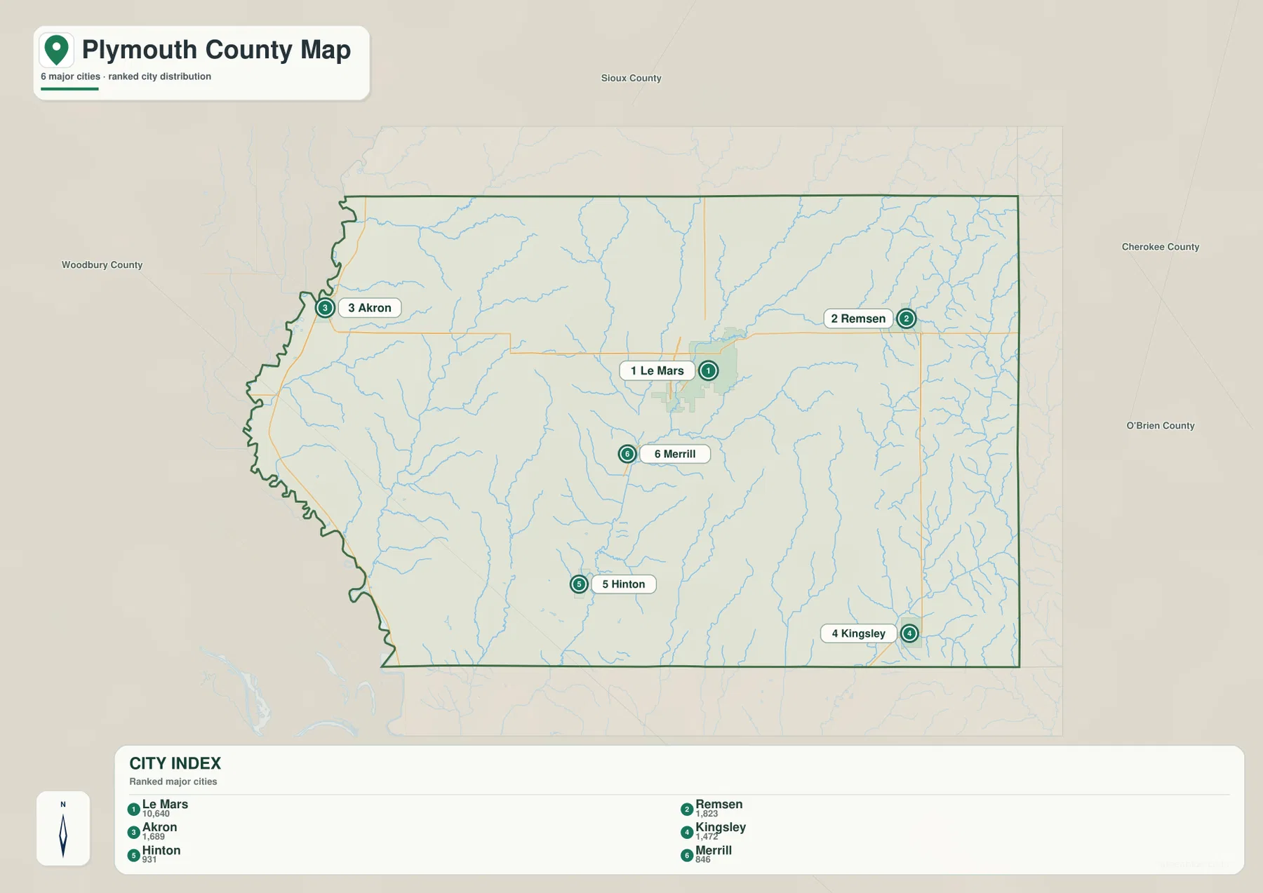 Plymouth County Iowa Le Mars Remsen Akron Kingsley Hinton Merrill 도시 지도