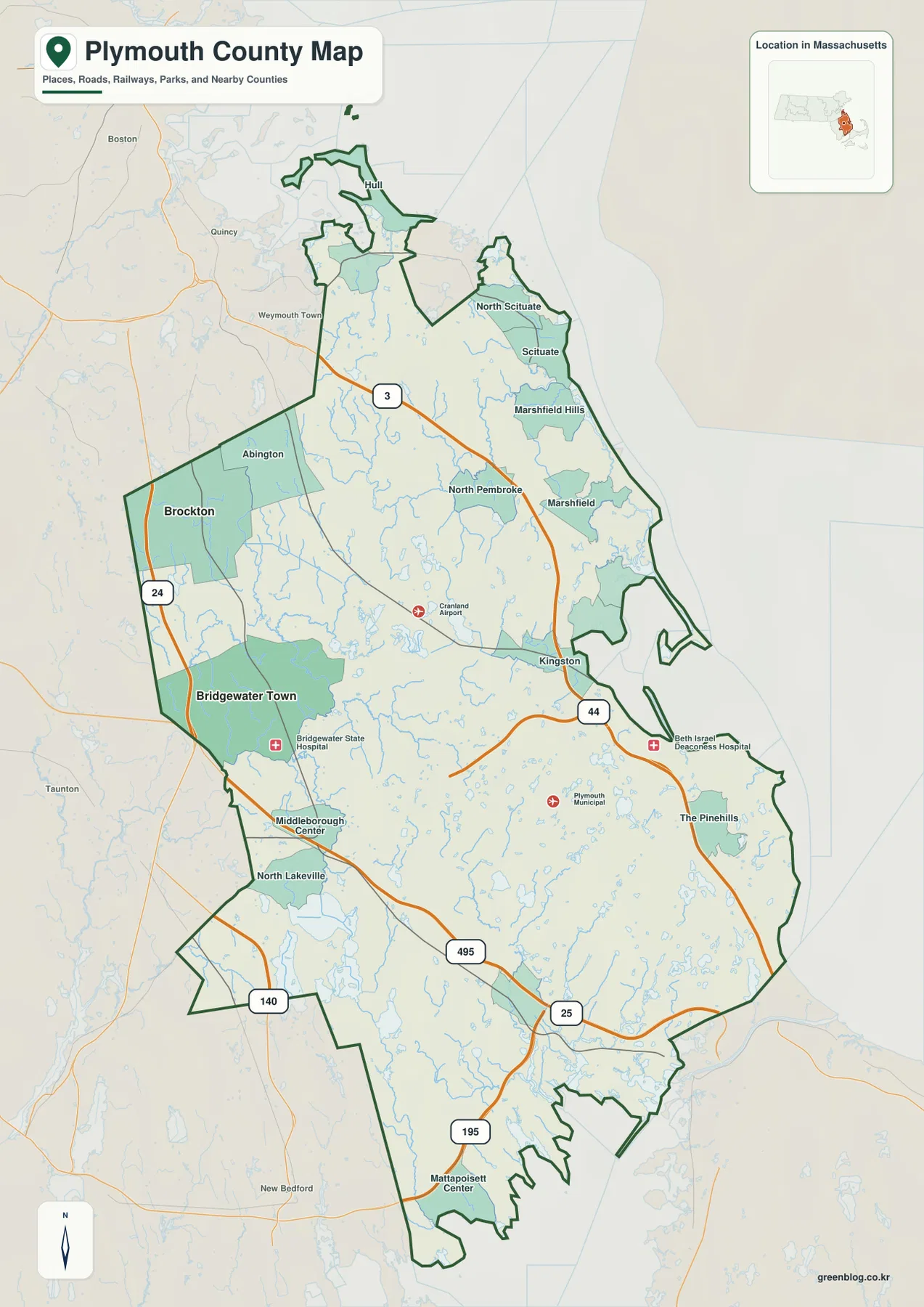 Plymouth County Massachusetts map showing Brockton, Bridgewater Town, Scituate, Marshfield, Kingston, and Routes 3, 24, 44, 495, and 25