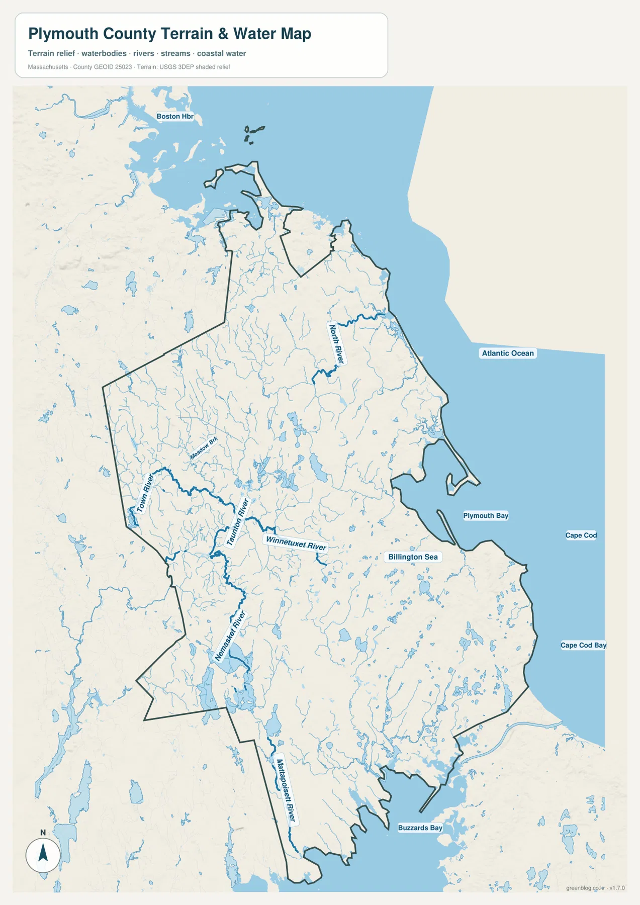Plymouth County terrain and water map showing North River, Taunton River, Winnetuxet River, Nemasket River, Mattapoisett River, Plymouth Bay, Cape Cod Bay, and Buzzards Bay
