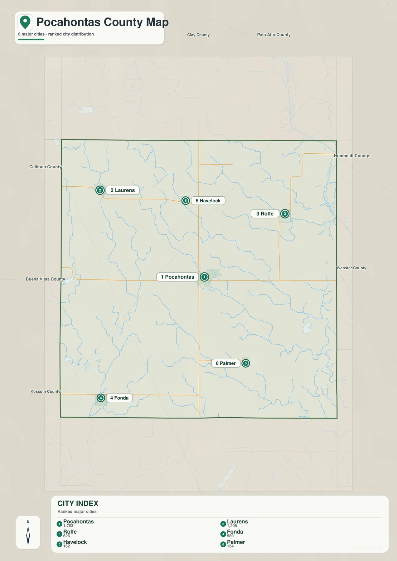 Pocahontas County Iowa Pocahontas Laurens Rolfe Fonda Havelock Palmer 도시 지도
